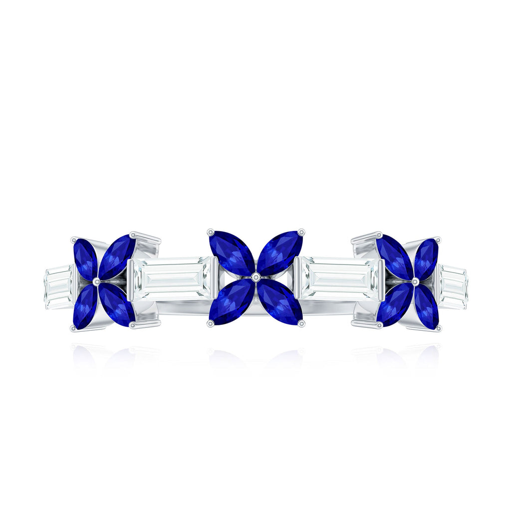 Marquise Cut Created Blue Sapphire and Moissanite Flower Half Eternity Ring