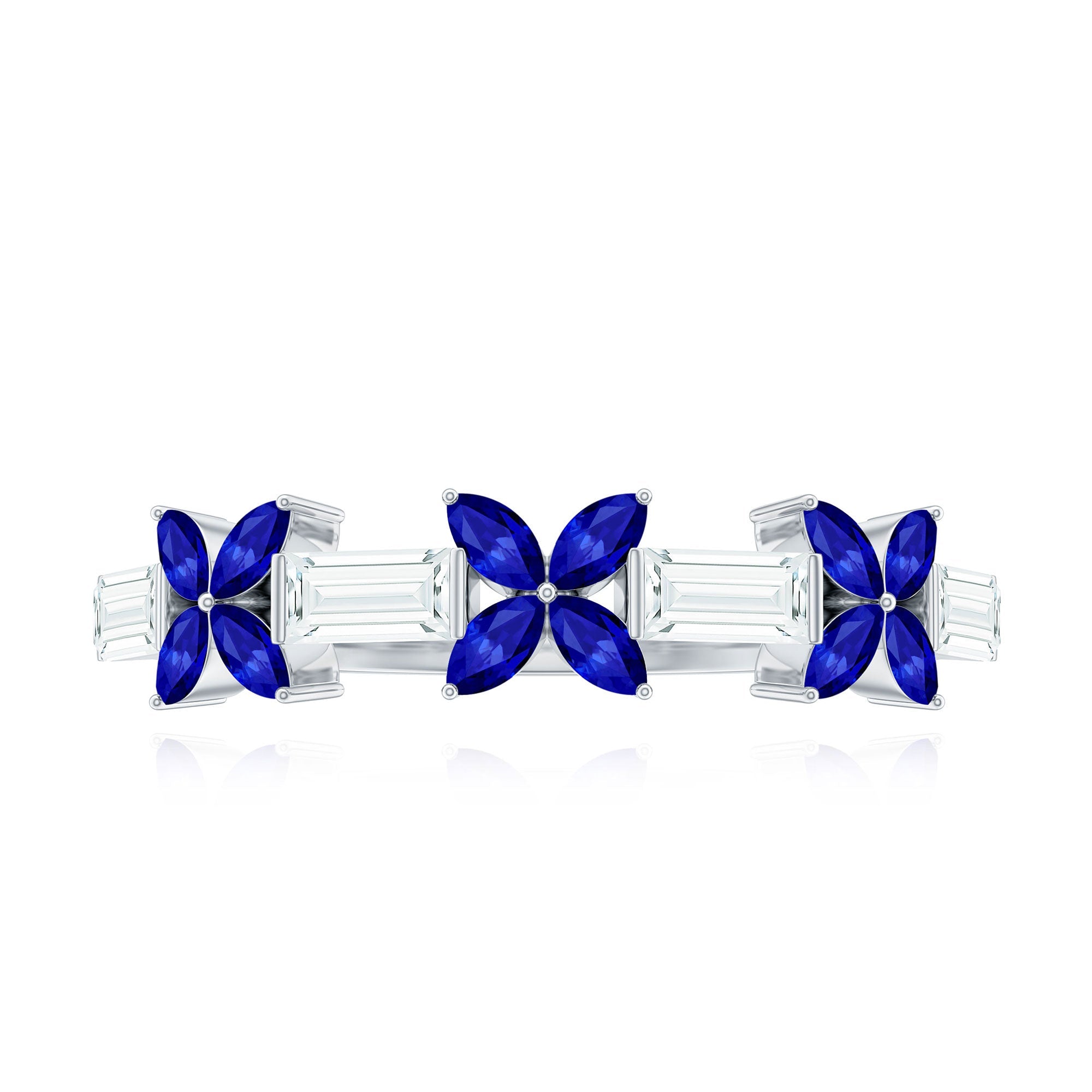 Marquise Cut Created Blue Sapphire and Moissanite Flower Half Eternity Ring