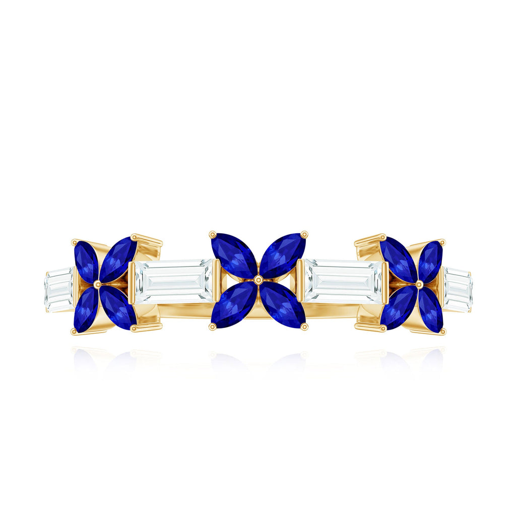 Marquise Cut Created Blue Sapphire and Moissanite Flower Half Eternity Ring