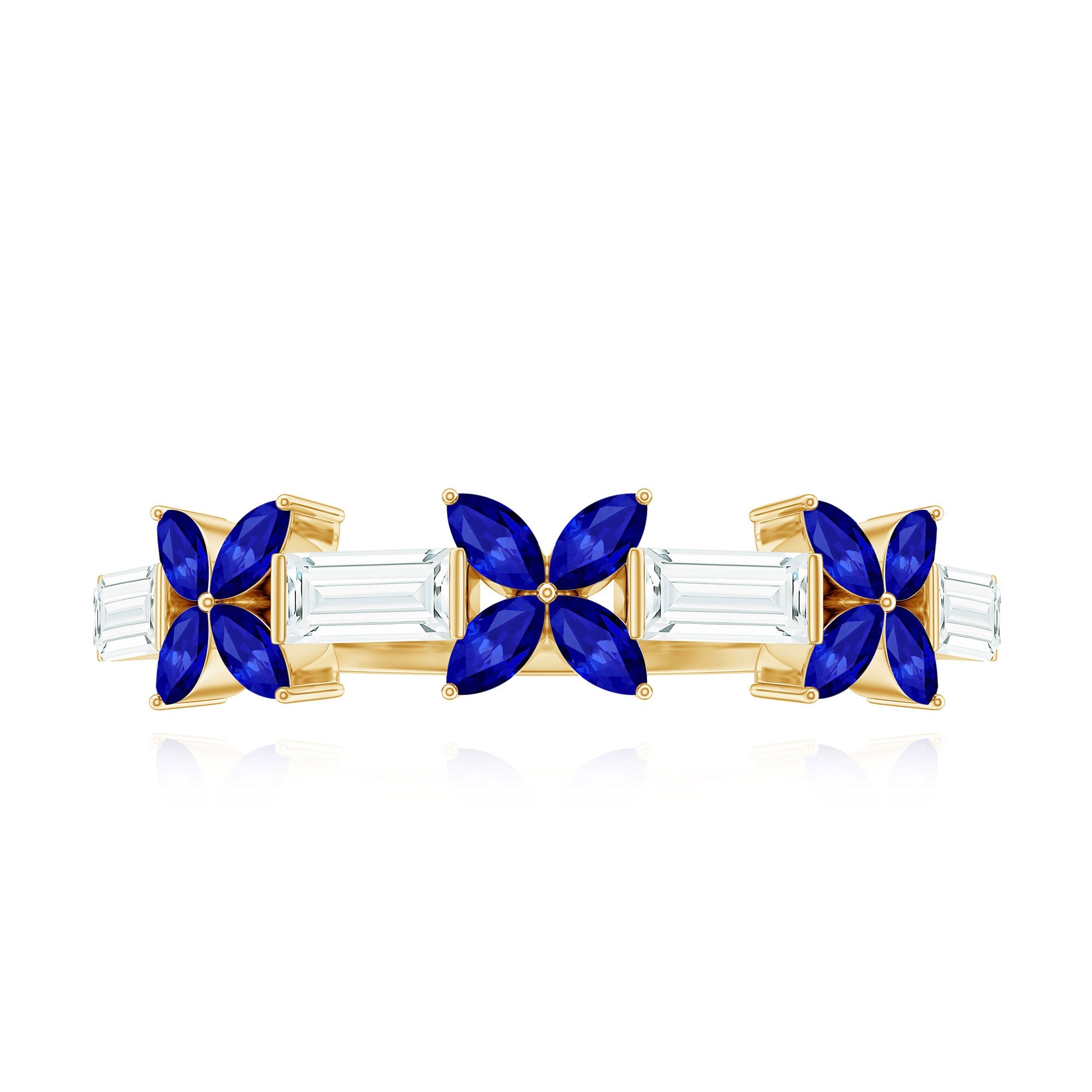Marquise Cut Created Blue Sapphire and Moissanite Flower Half Eternity Ring