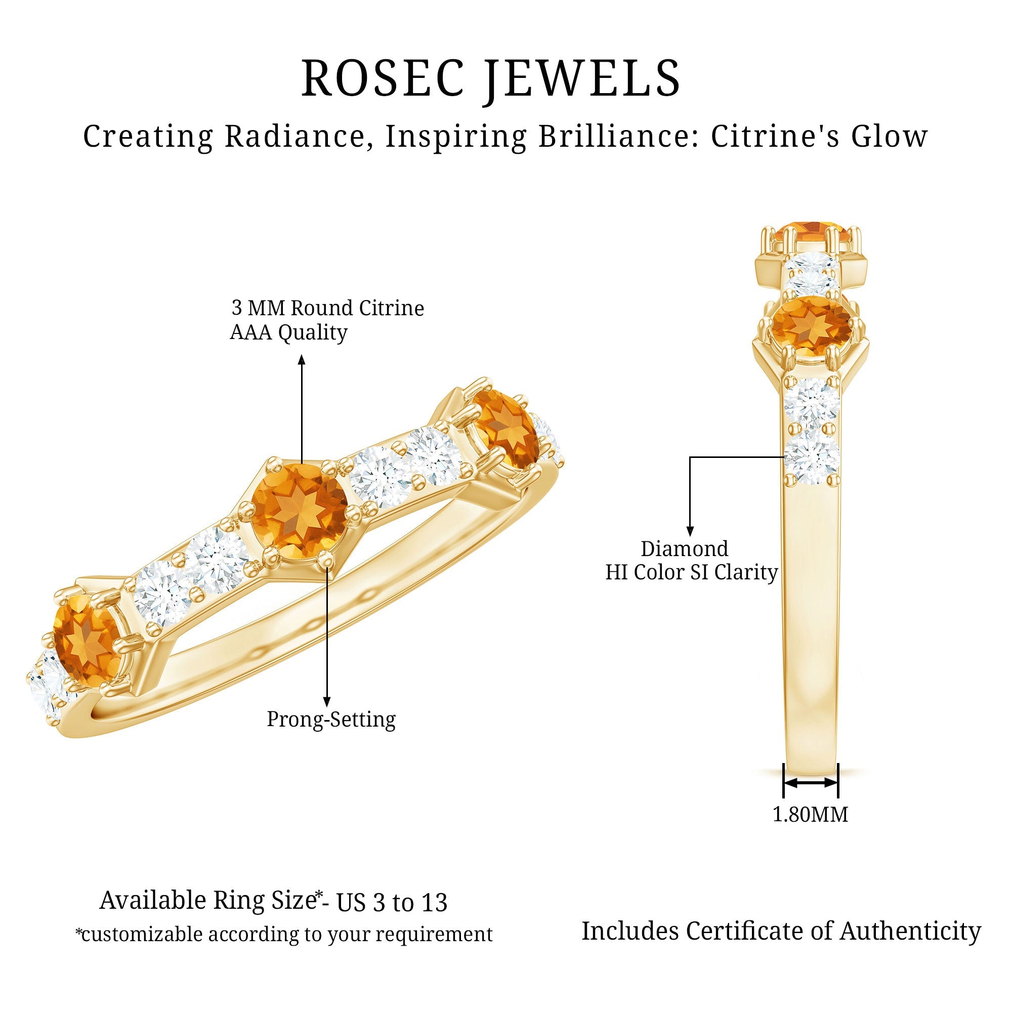 Genuine Citrine Diamond Half Eternity Ring for Anniversary