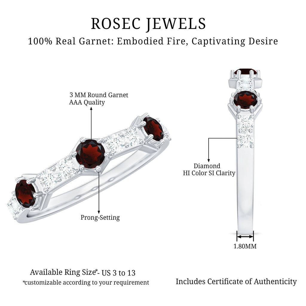 Real Red Garnet Diamond Half Eternity Ring for Anniversary