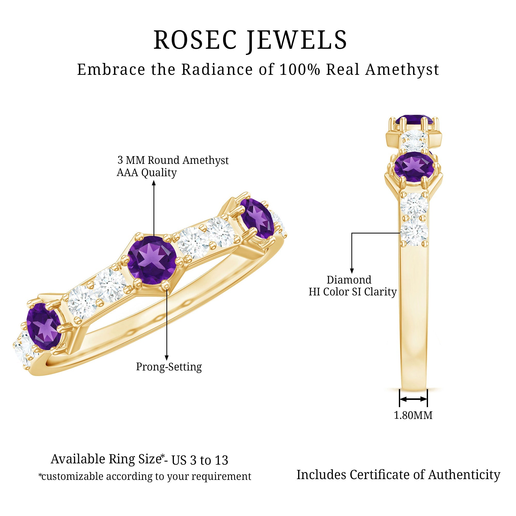 Natural Amethyst Half Eternity Ring with Diamond