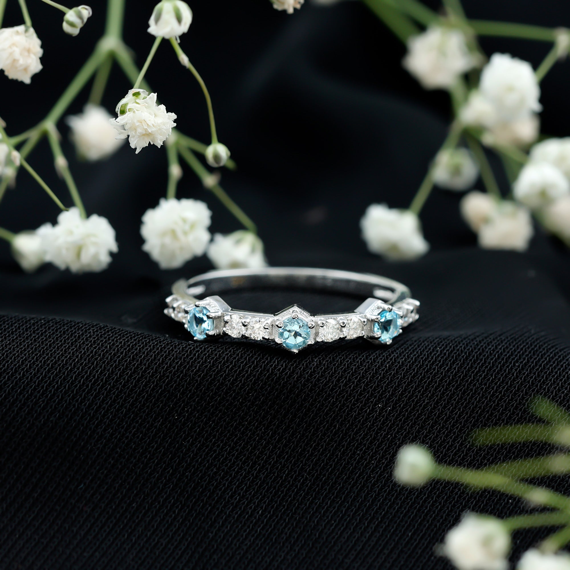 Real Aquamarine and Diamond Half Eternity Ring
