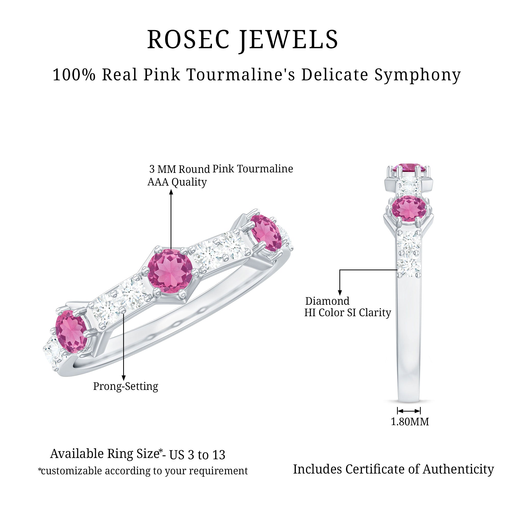 Minimal Half Eternity Ring with Pink Tourmaline and Diamond
