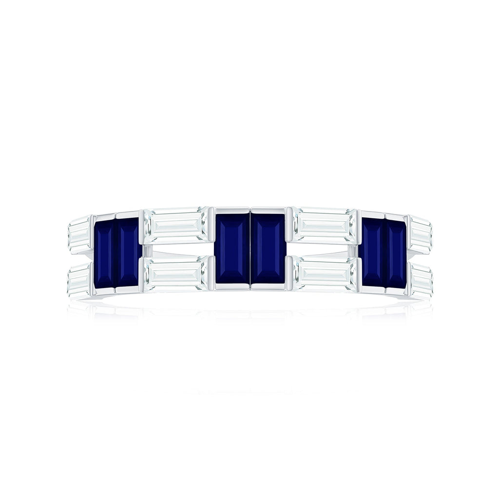 Certified Real Baguette Blue Sapphire Half Eternity Band Ring with Moissanite