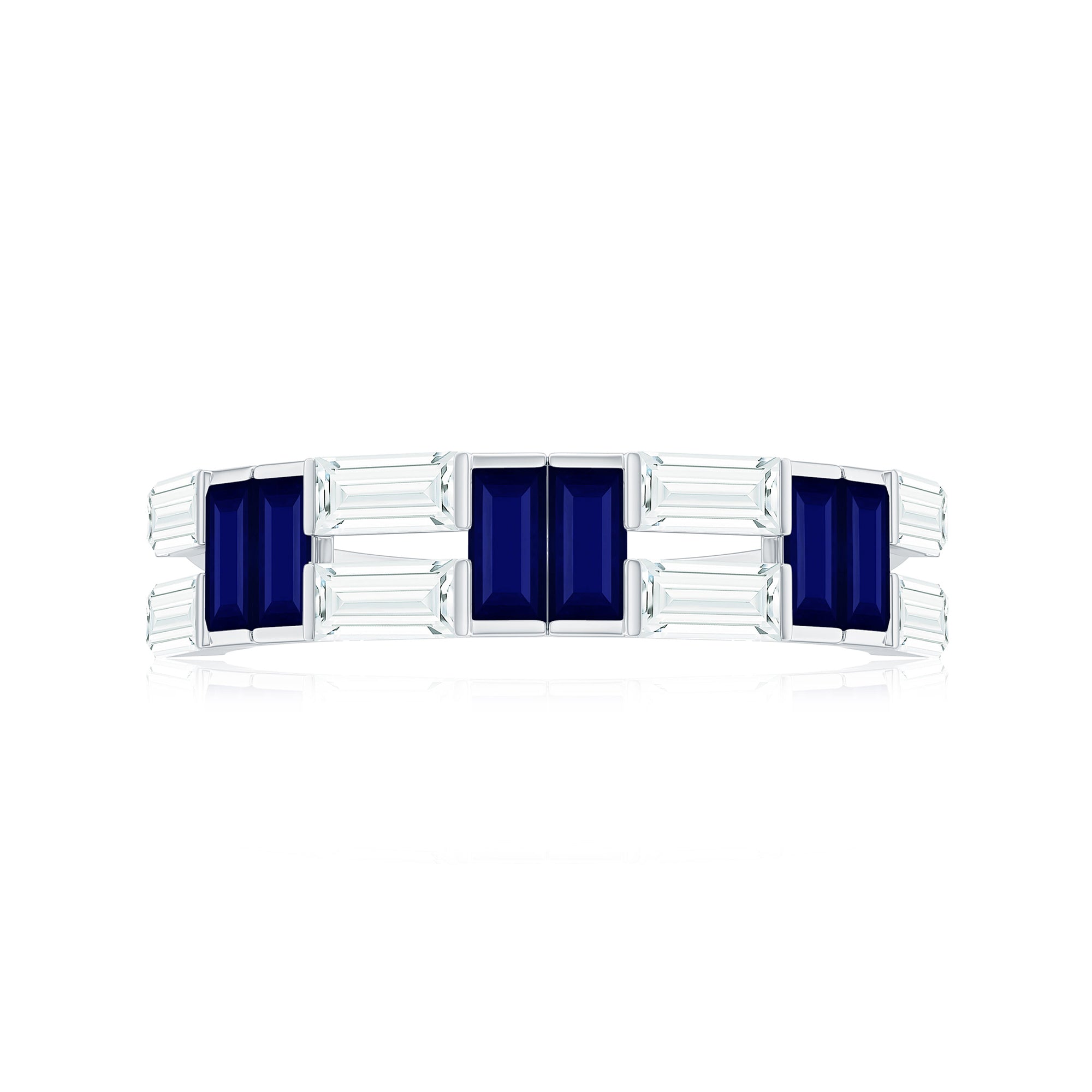 Certified Real Baguette Blue Sapphire Half Eternity Band Ring with Moissanite