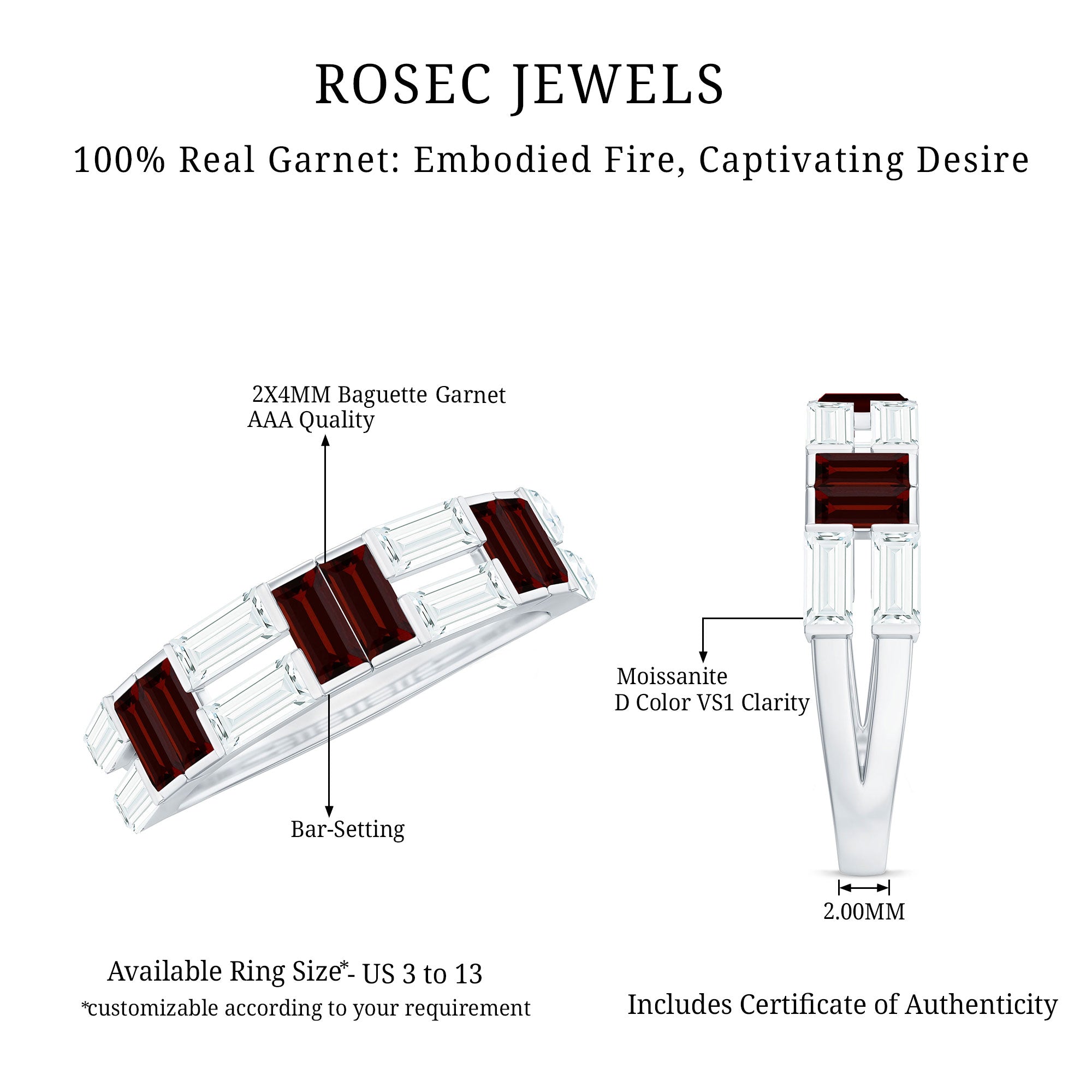 Certified Real Baguette Garnet Half Eternity Wedding Band