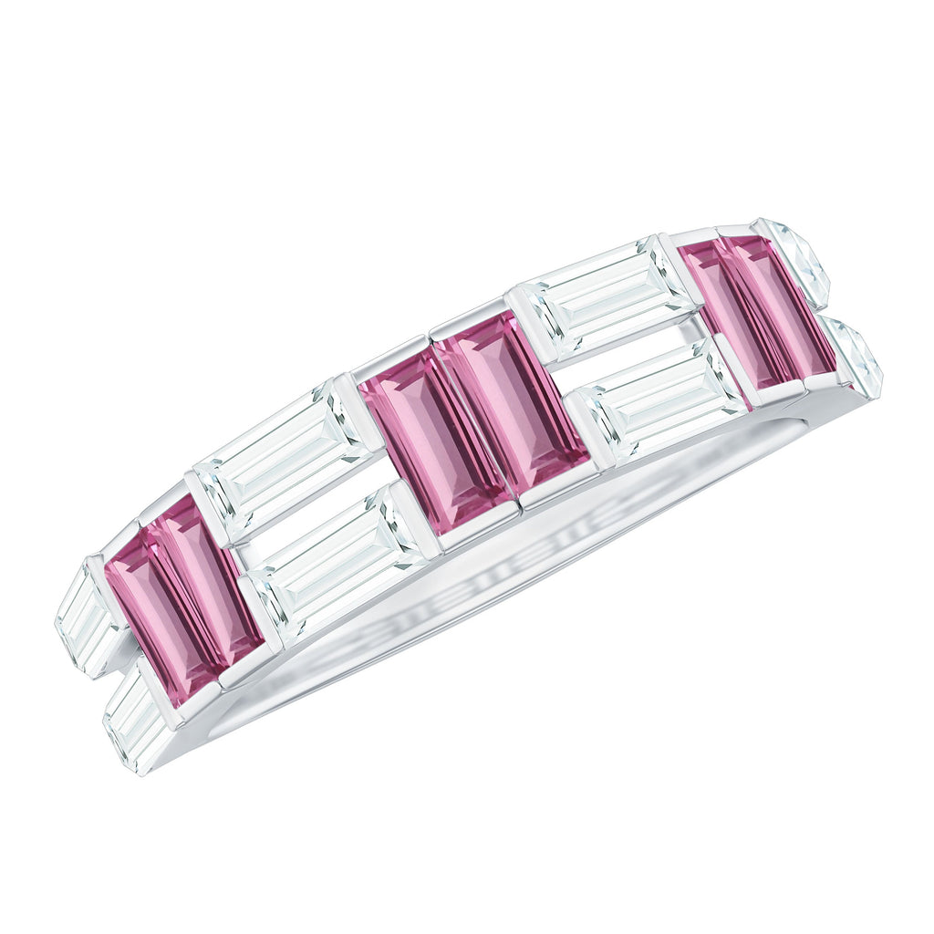 Baguette Shape Pink Tourmaline and Moissanite Half Eternity Ring