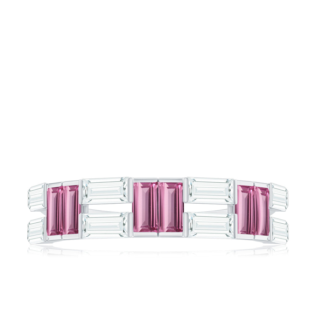 Baguette Shape Pink Tourmaline and Moissanite Half Eternity Ring