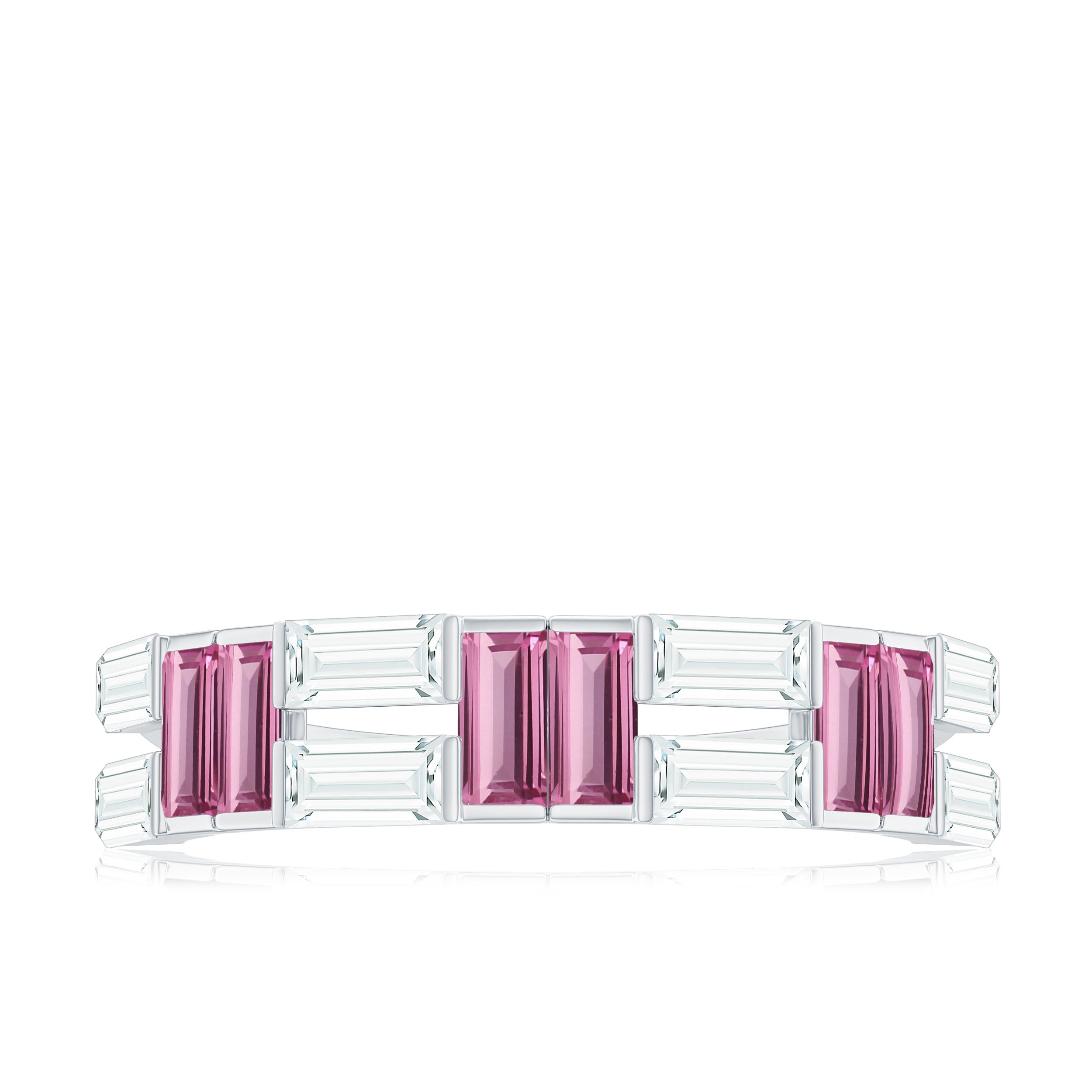 Baguette Shape Pink Tourmaline and Moissanite Half Eternity Ring