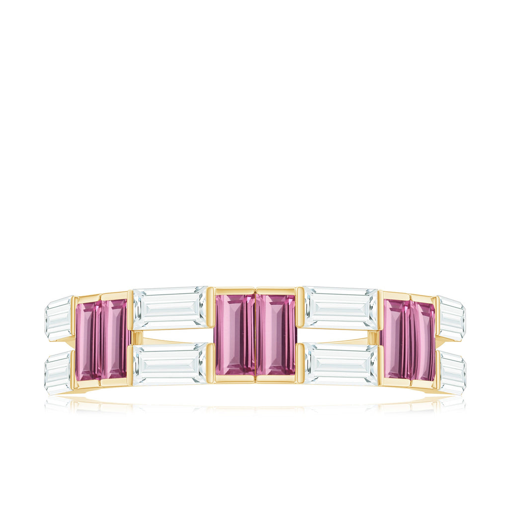Baguette Shape Pink Tourmaline and Moissanite Half Eternity Ring