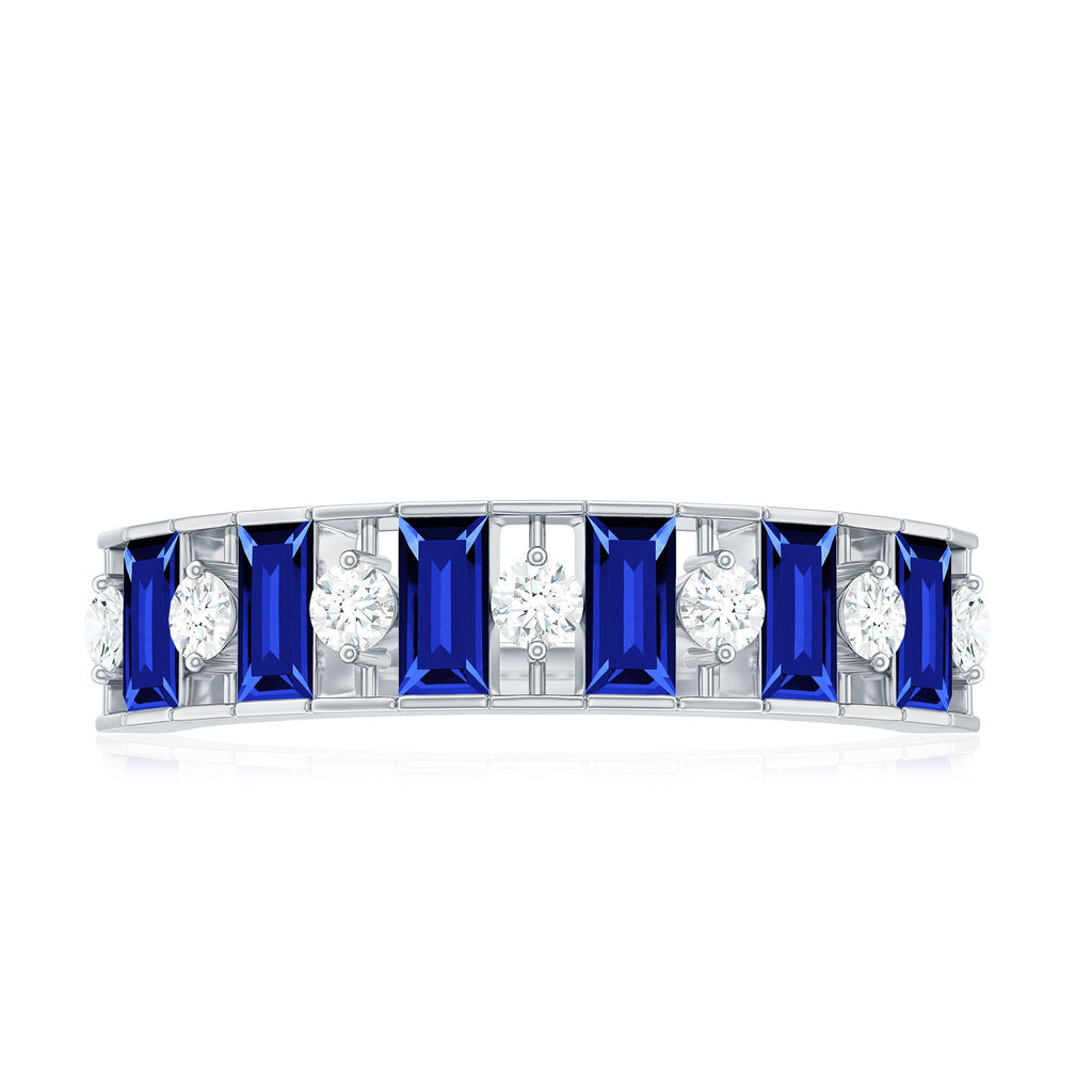 Baguette Cut Created Blue Sapphire Classic Half Eternity Ring with Diamond