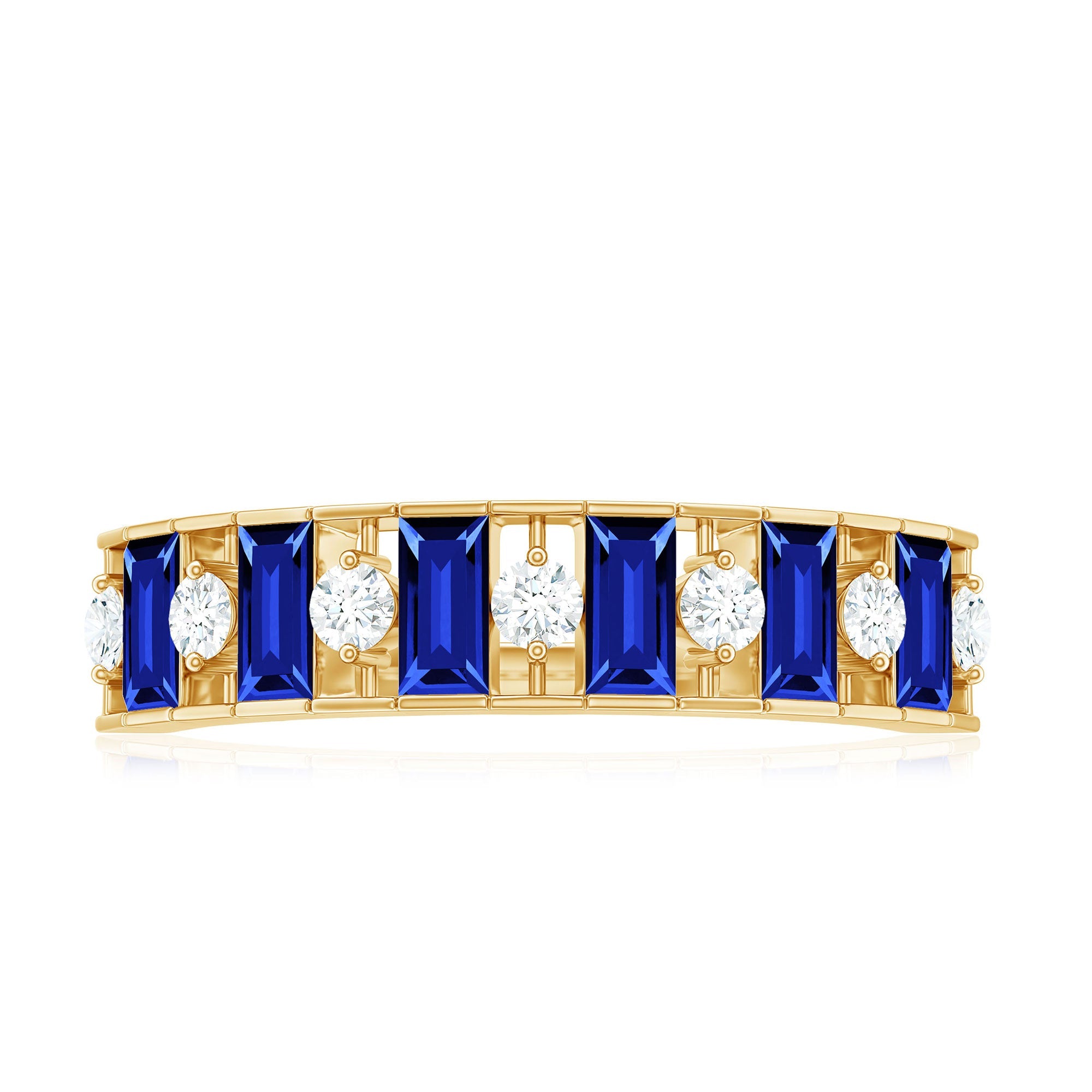 Baguette Cut Created Blue Sapphire Classic Half Eternity Ring with Diamond
