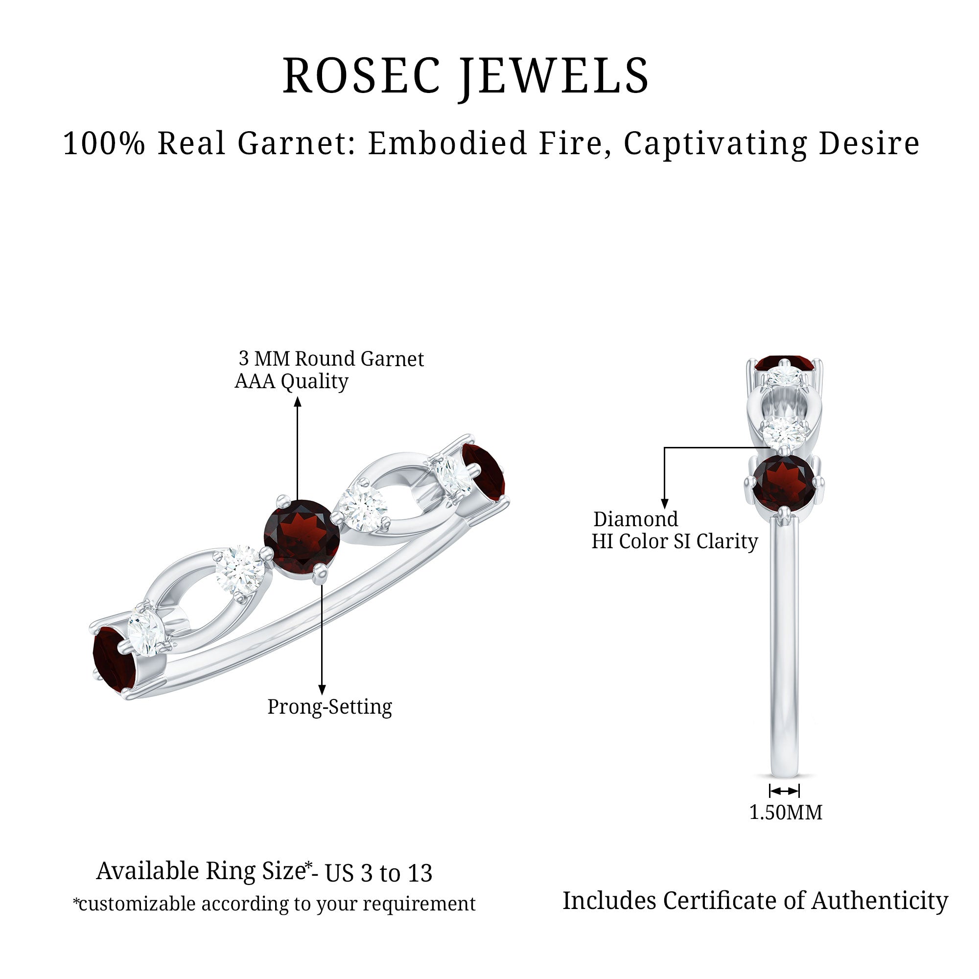 Natural Red Garnet Diamond Half Eternity Ring for Anniversary