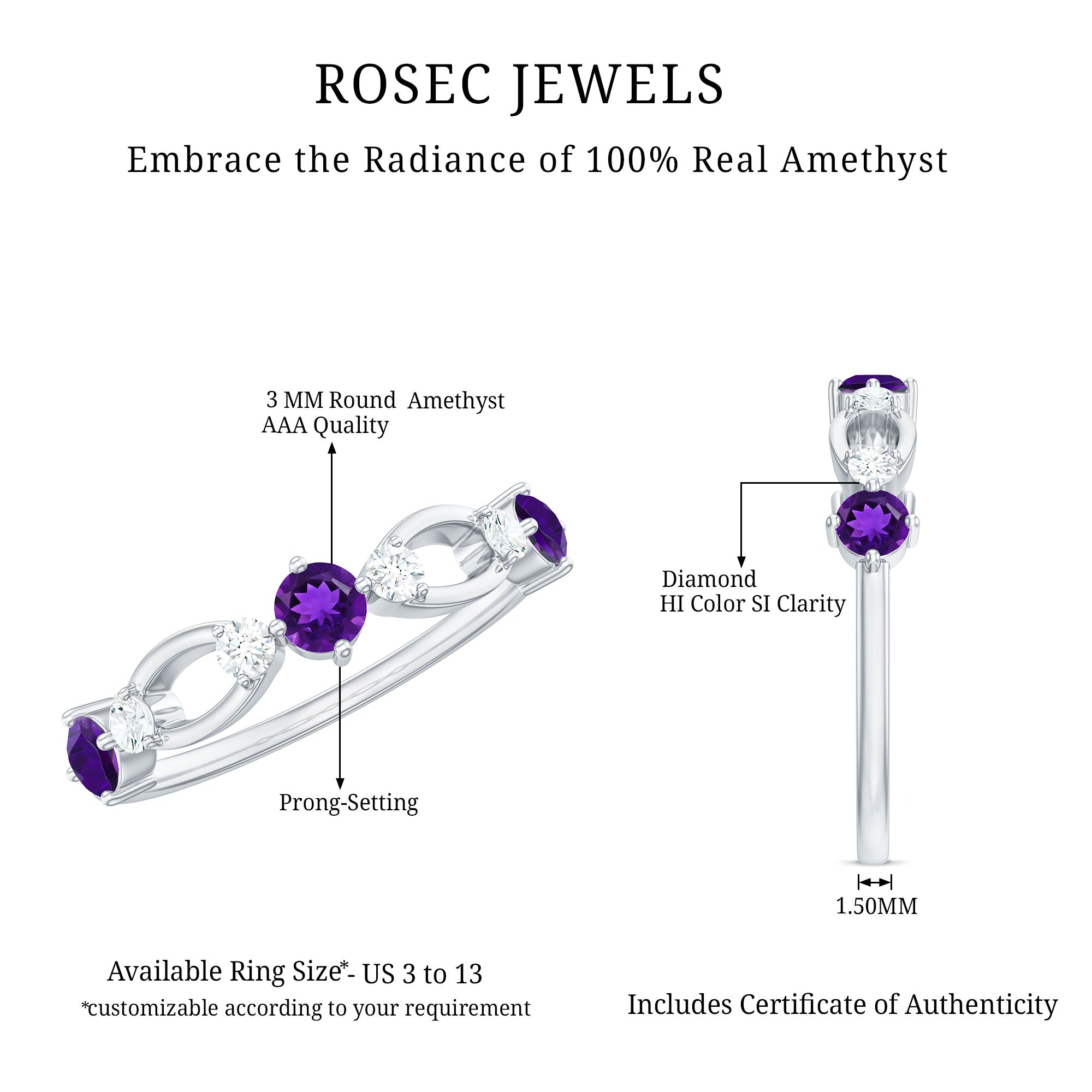 Natural Amethyst Diamond Promise Ring for Women