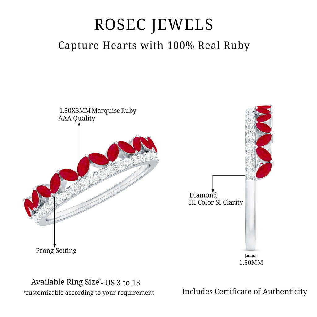 Natural Marquise Ruby Half Eternity Anniversary Ring with Diamond