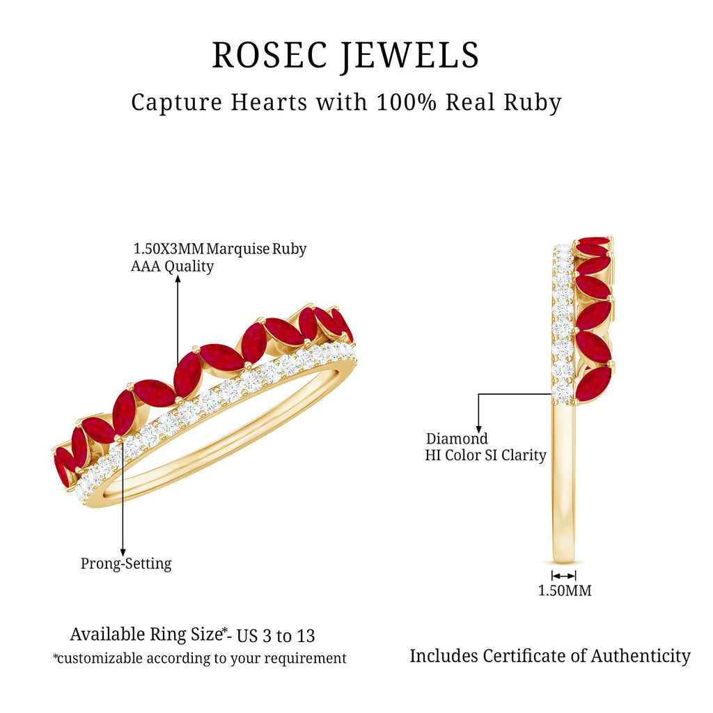 Natural Marquise Ruby Half Eternity Anniversary Ring with Diamond