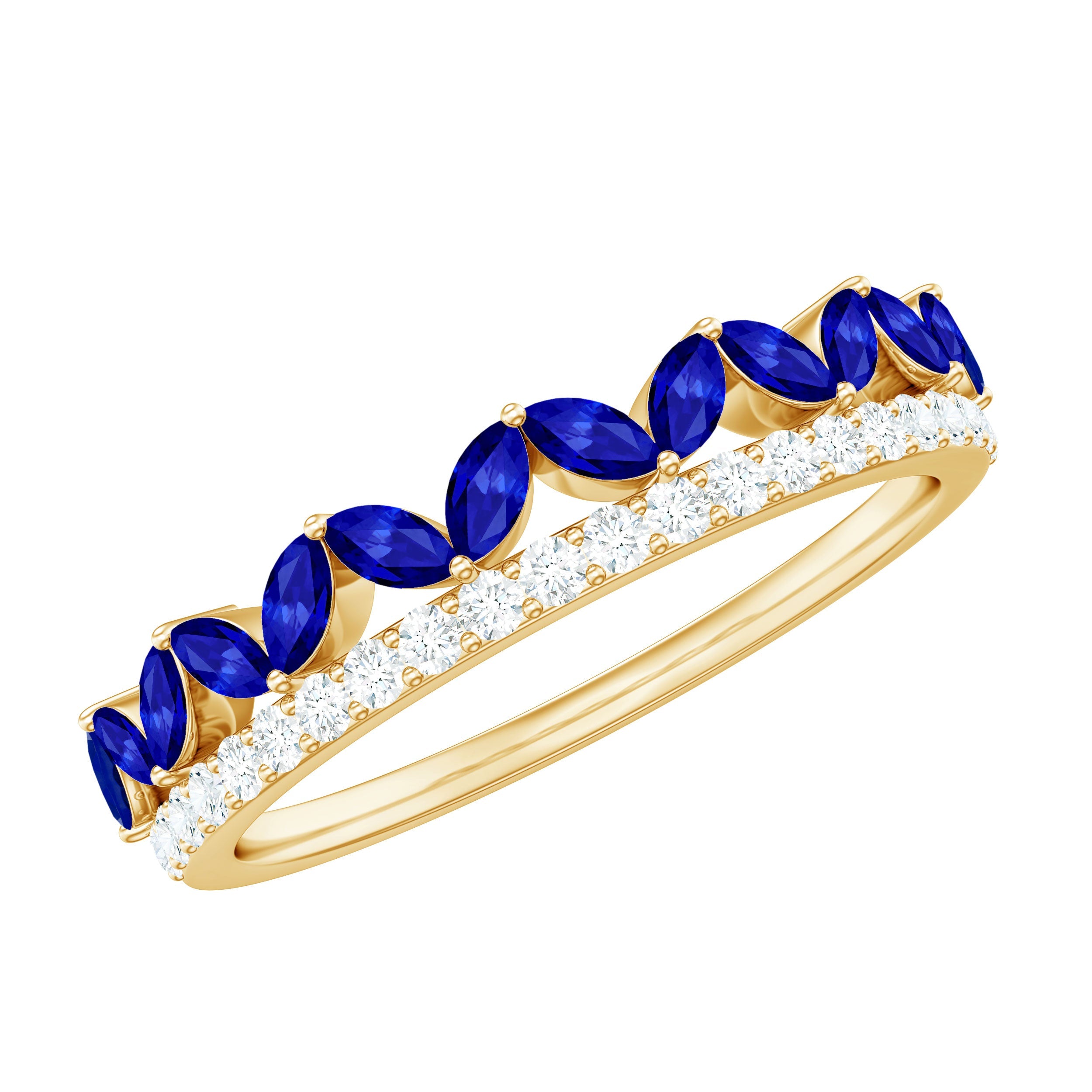 Certified Marquise Lab Grown Blue Sapphire Half Eternity Ring with Diamond