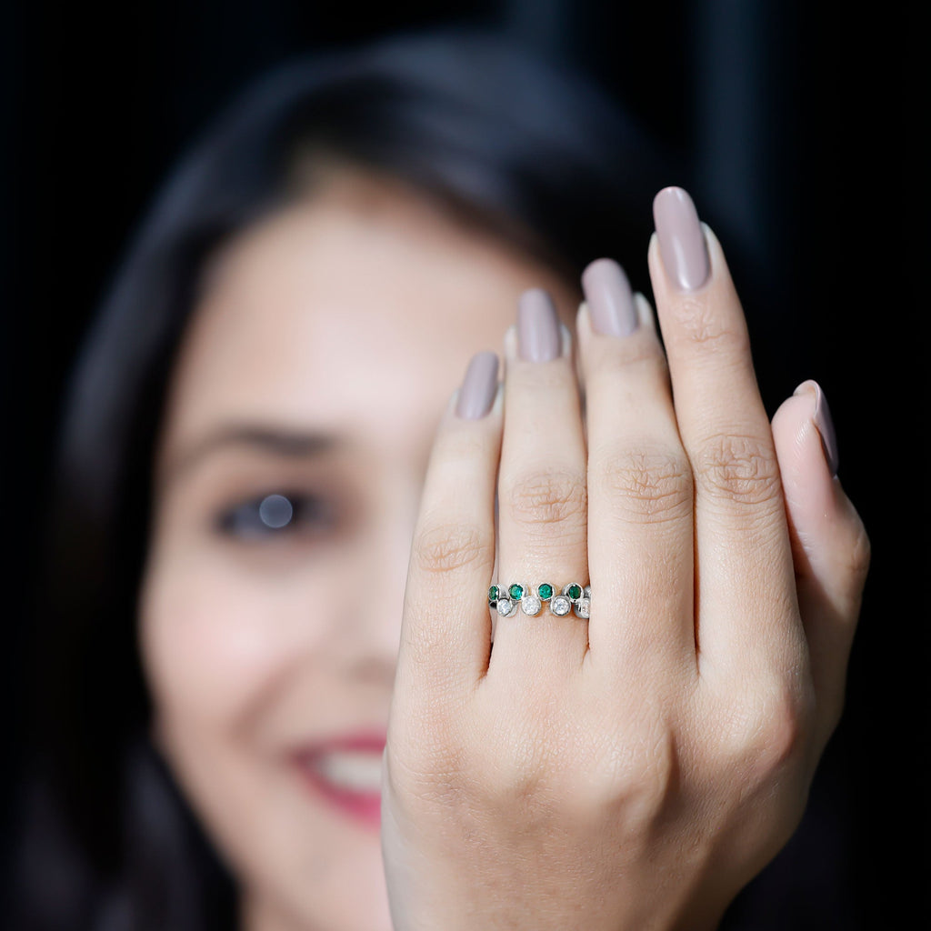 Bezel Set Lab Grown Emerald and Diamond Half Eternity Ring