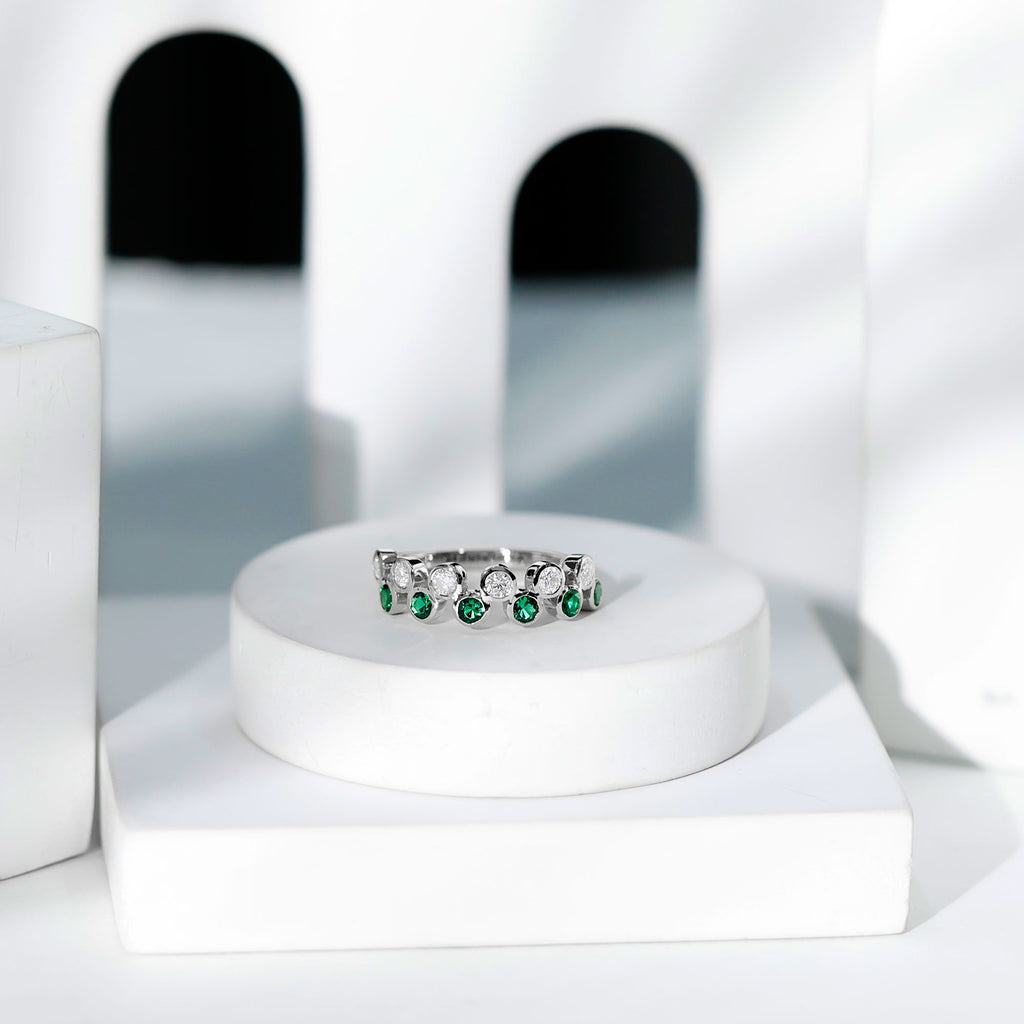 Bezel Set Lab Grown Emerald and Diamond Half Eternity Ring