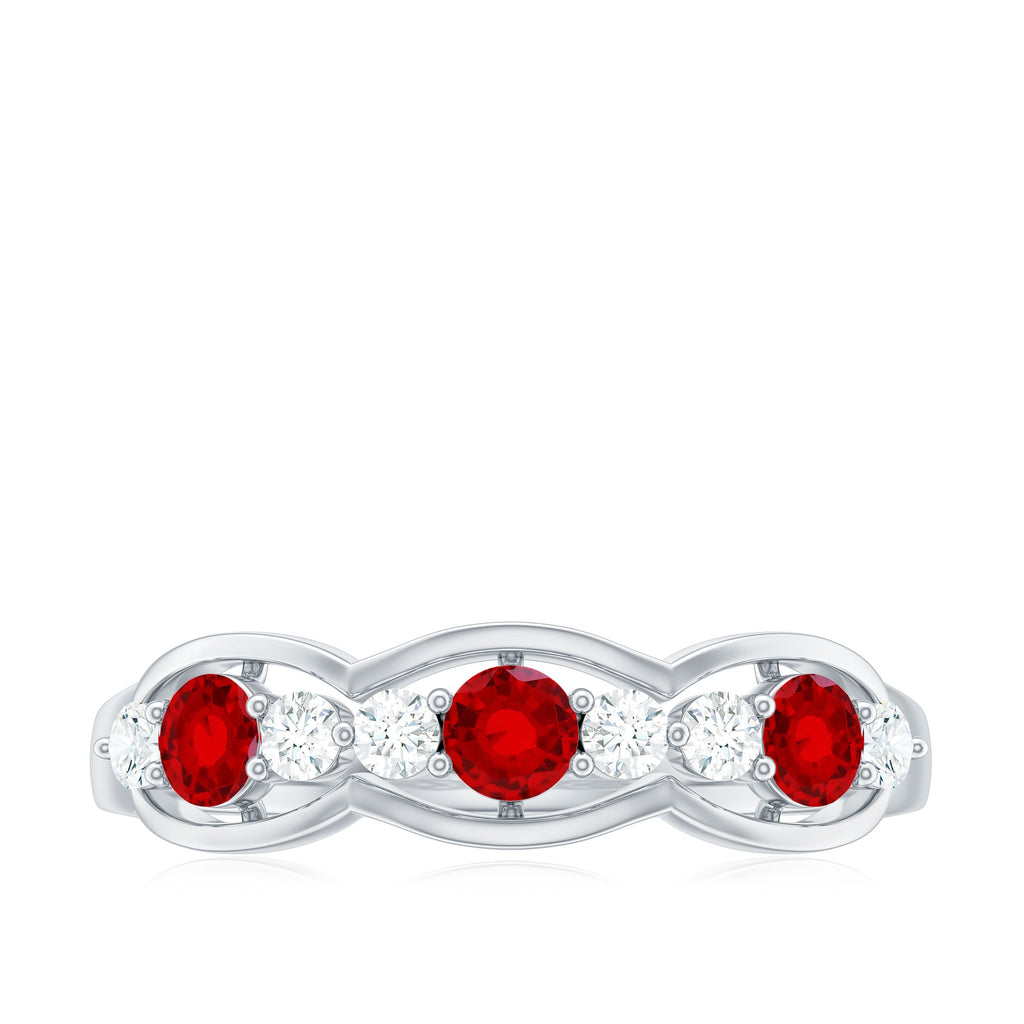 Round Shape Certified Created Ruby and Diamond Anniversary Ring