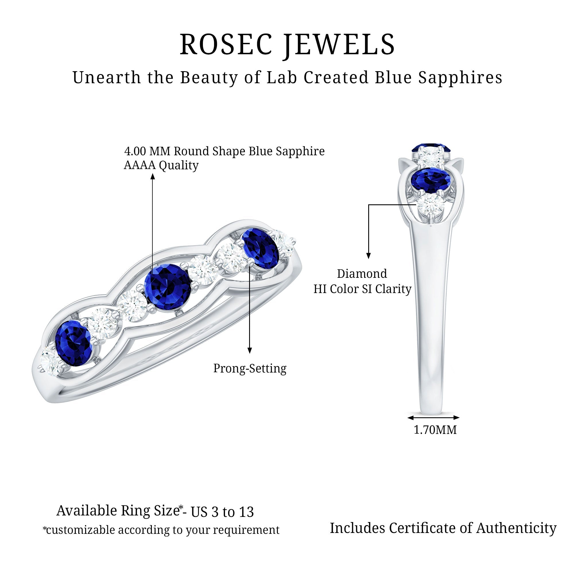 Certified Lab Grown Blue Sapphire Half Eternity Ring with Diamond