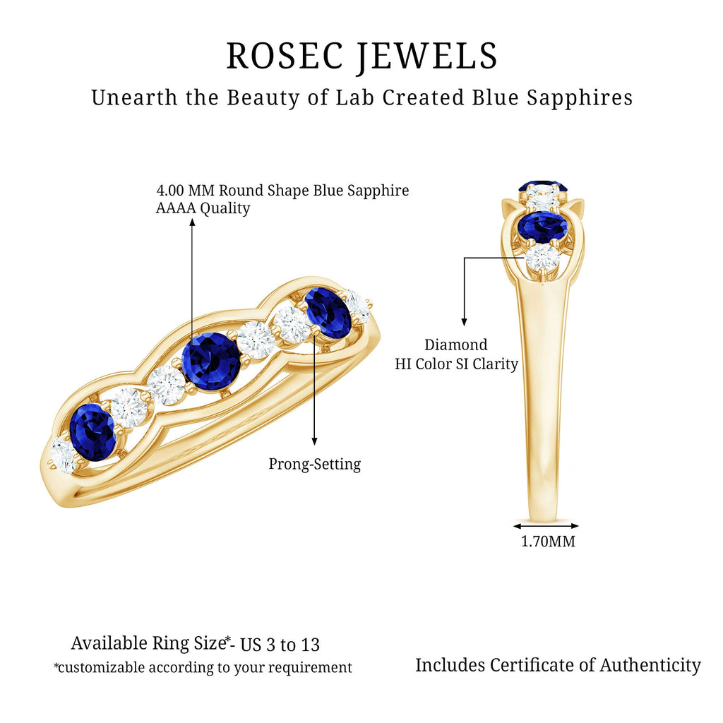 Certified Lab Grown Blue Sapphire Half Eternity Ring with Diamond