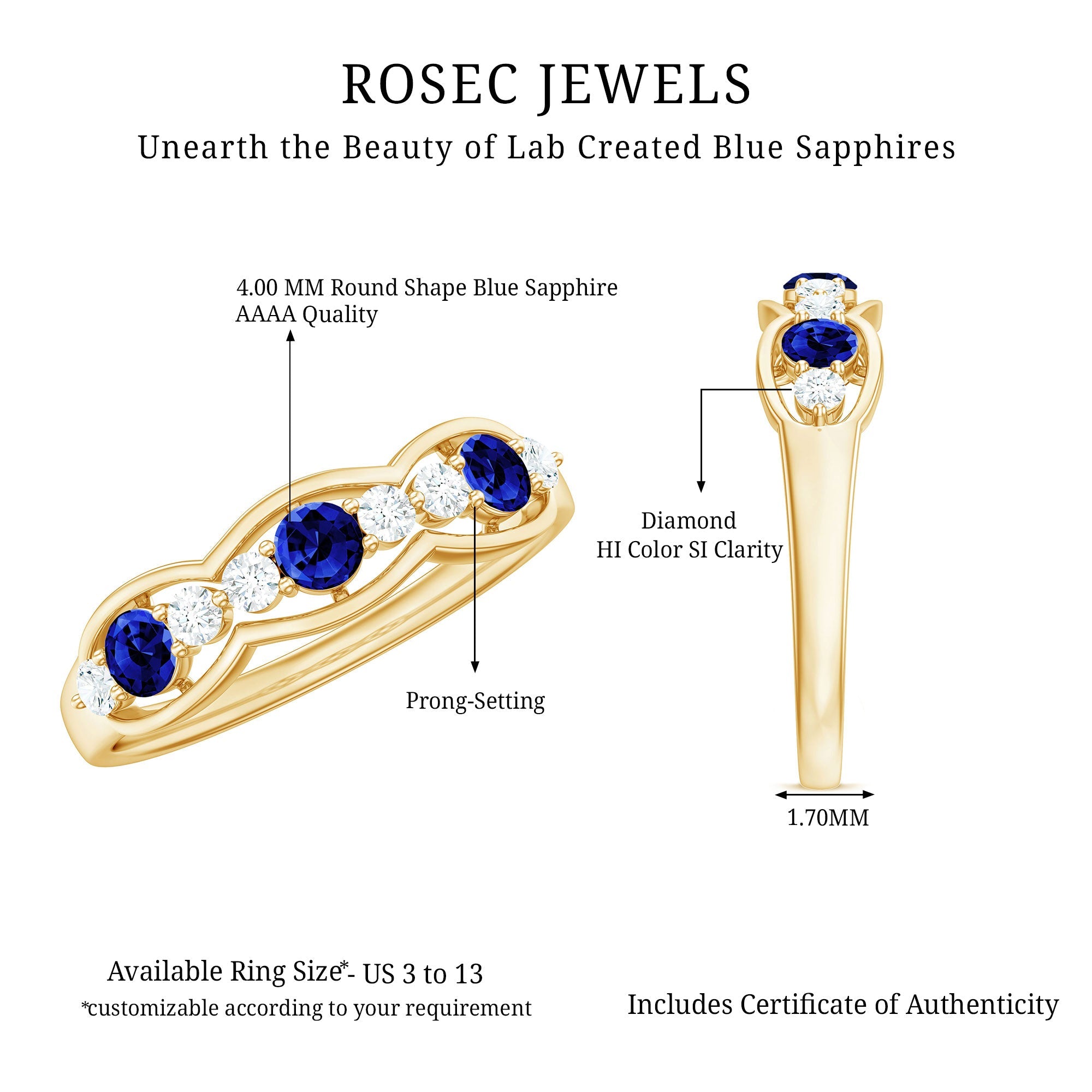 Certified Lab Grown Blue Sapphire Half Eternity Ring with Diamond