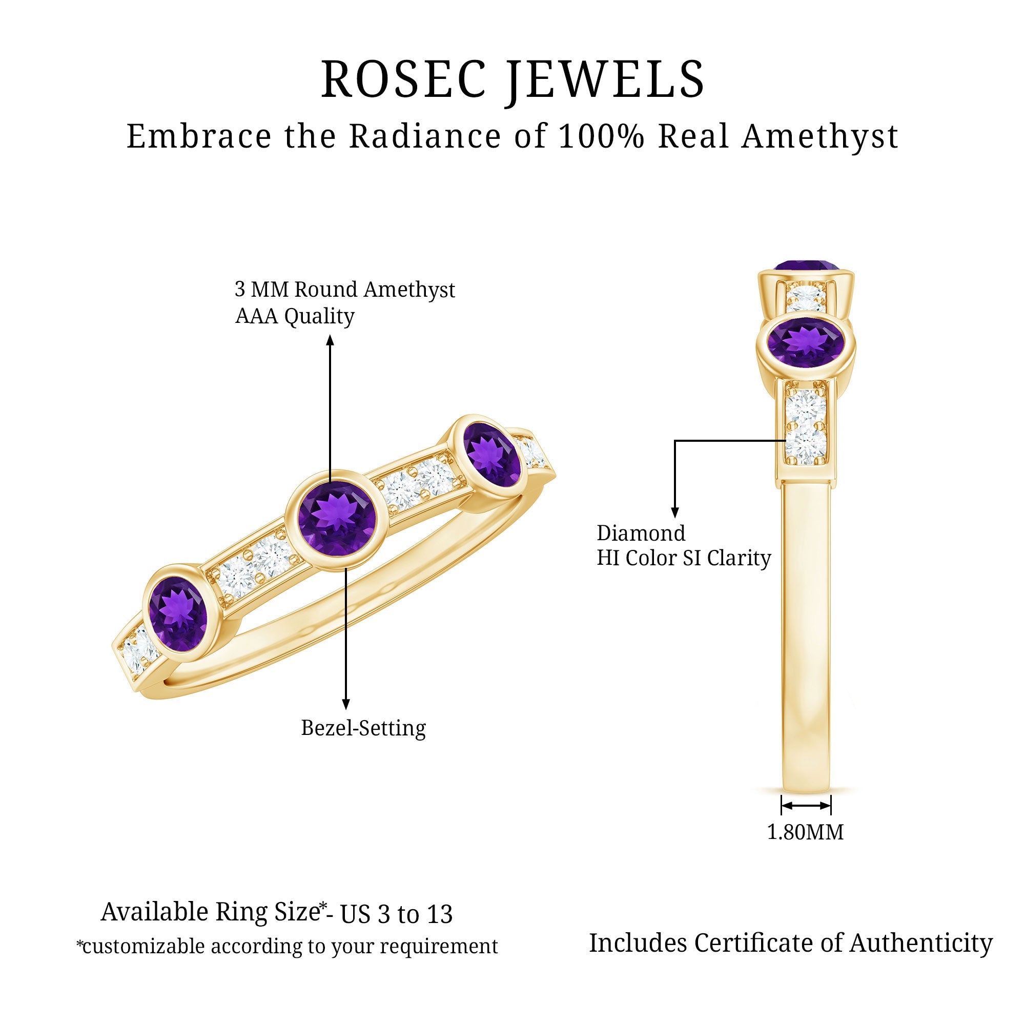 Genuine Amethyst Diamond Half Eternity Ring in Bezel Set