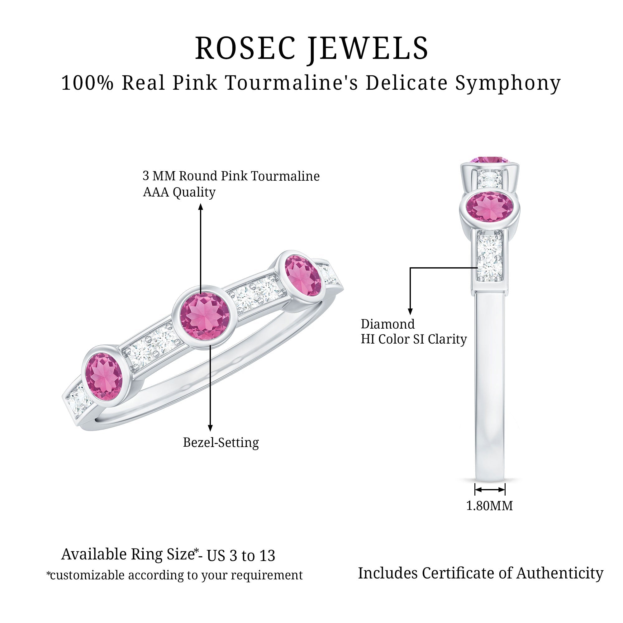 Pink Tourmaline and Diamond Minimal Half Eternity Band Ring