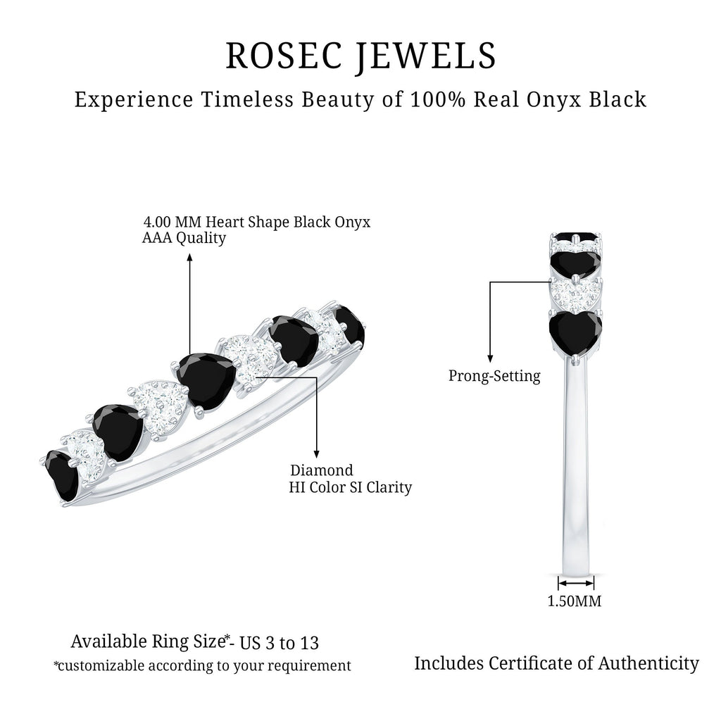 Heart Shaped Black Onyx and Diamond Half Eternity Ring