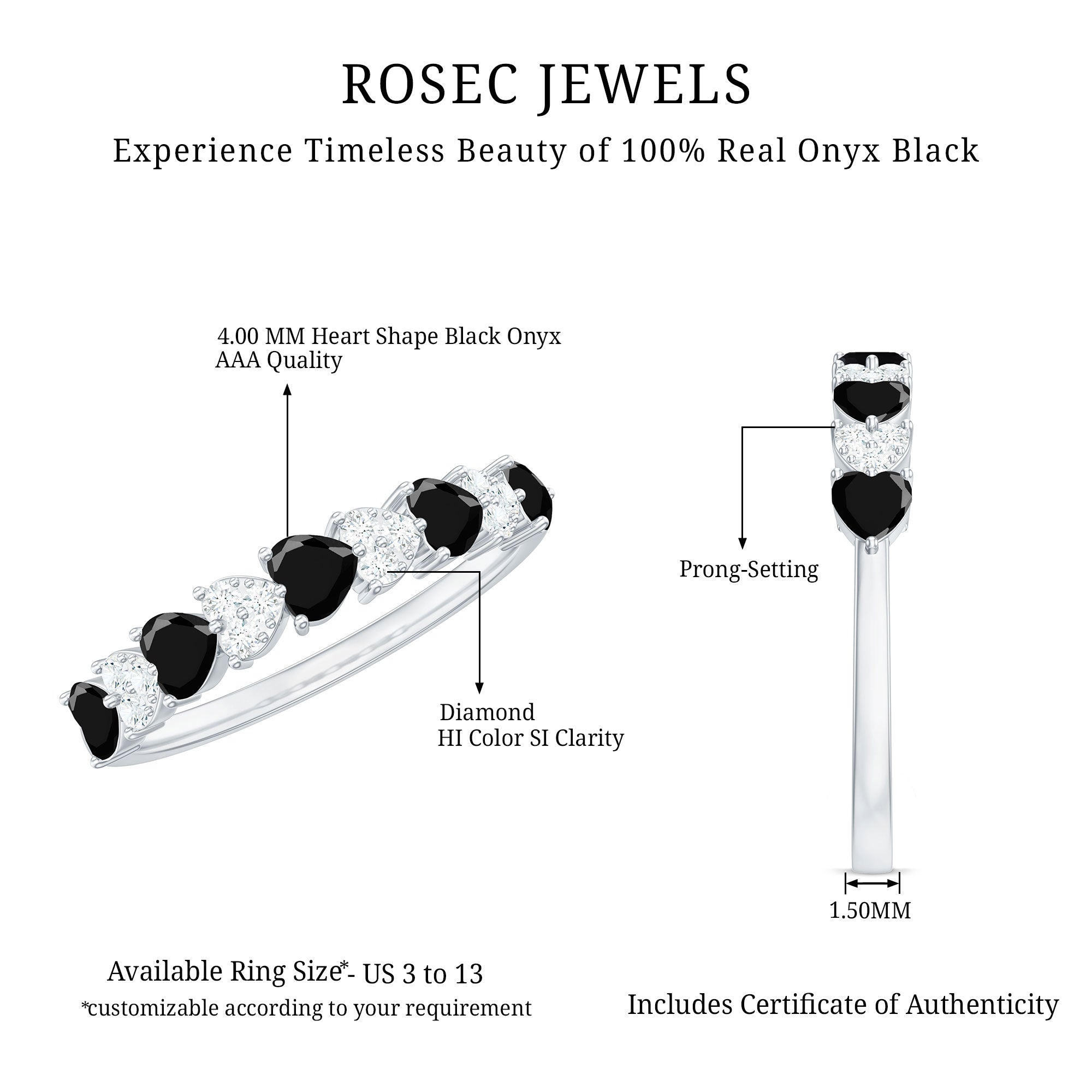 Heart Shaped Black Onyx and Diamond Half Eternity Ring