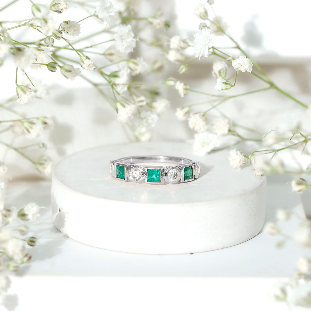 Real Emerald and Diamond Half Eternity Wedding Band in Bezel Set