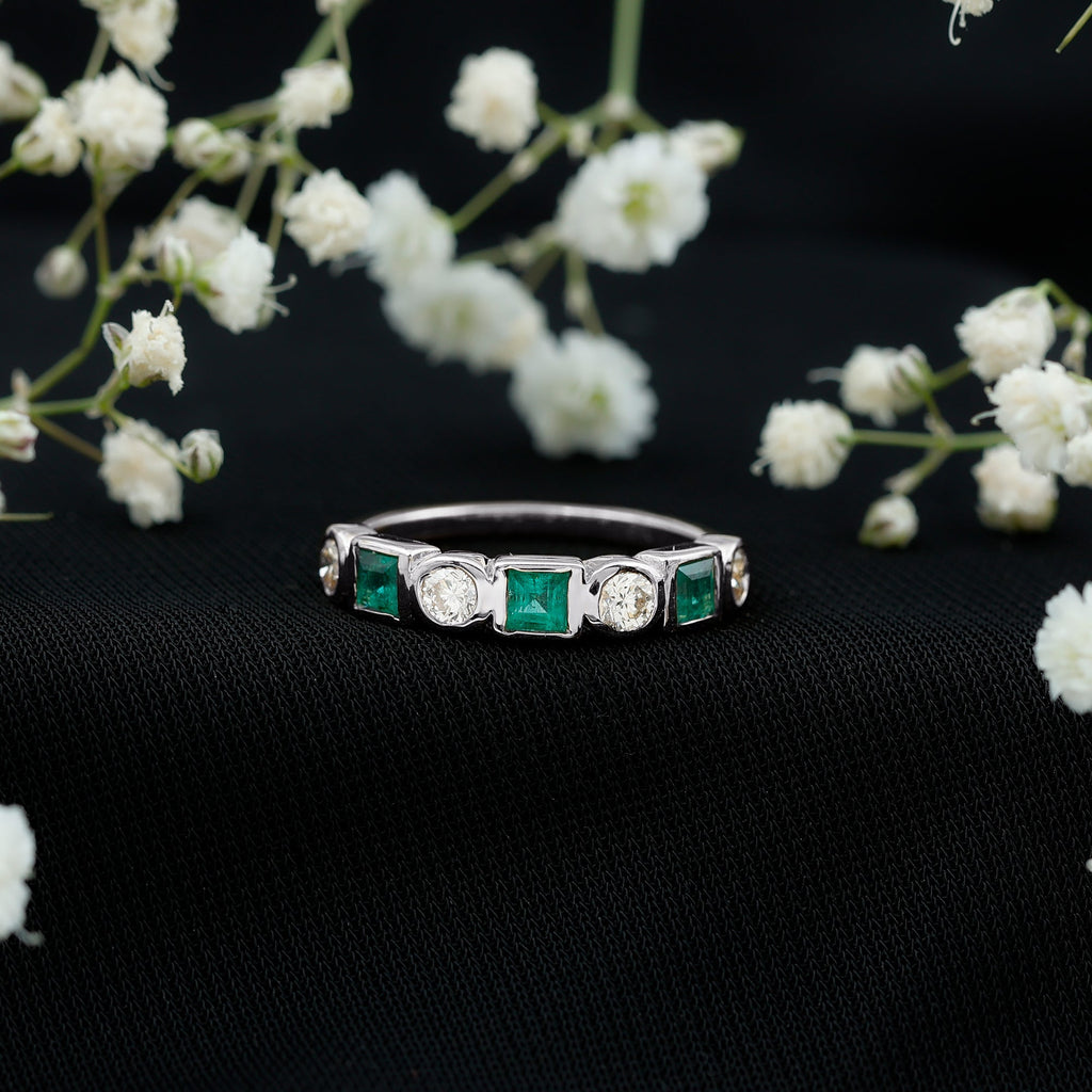 Real Emerald and Diamond Half Eternity Wedding Band in Bezel Set