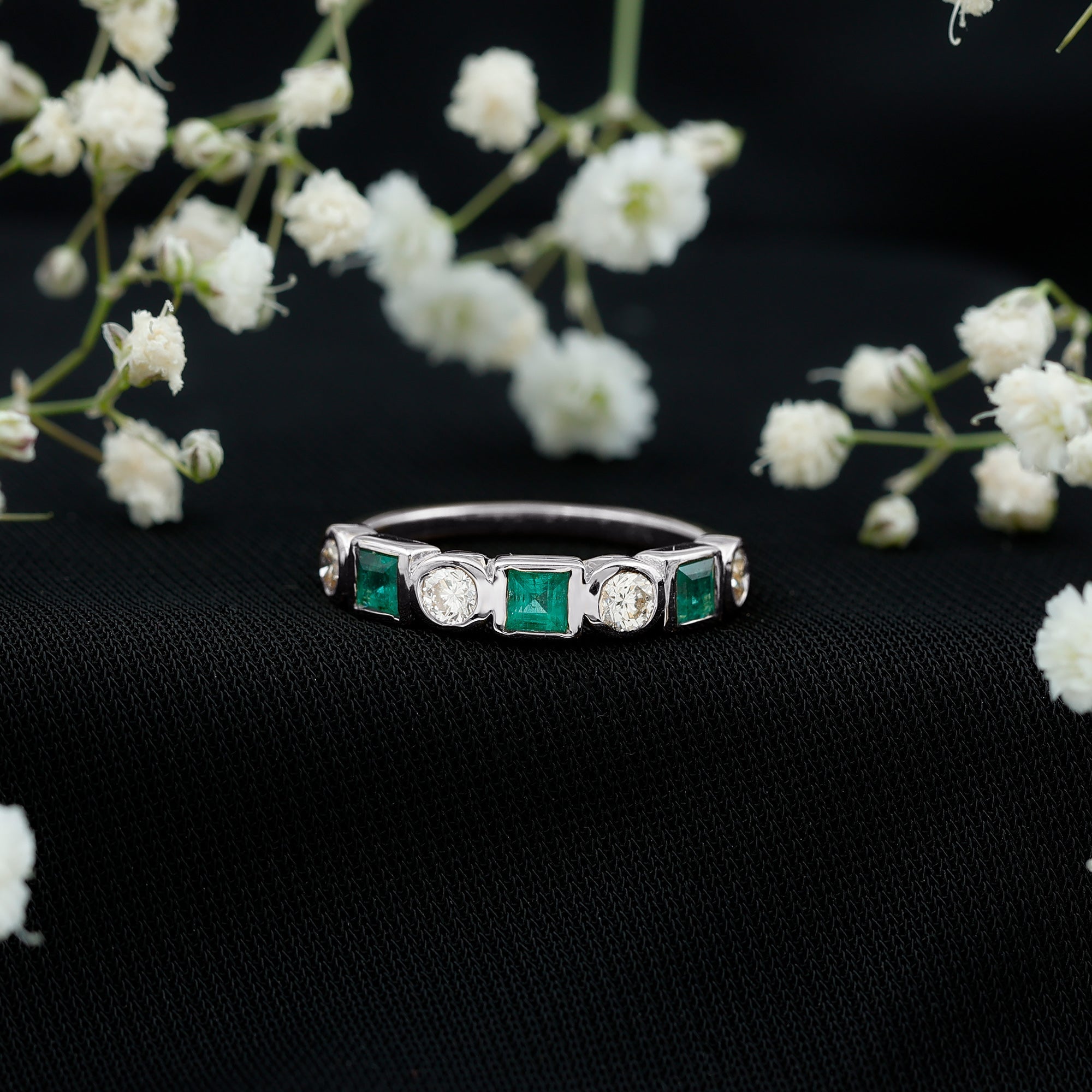 Real Emerald and Diamond Half Eternity Wedding Band in Bezel Set