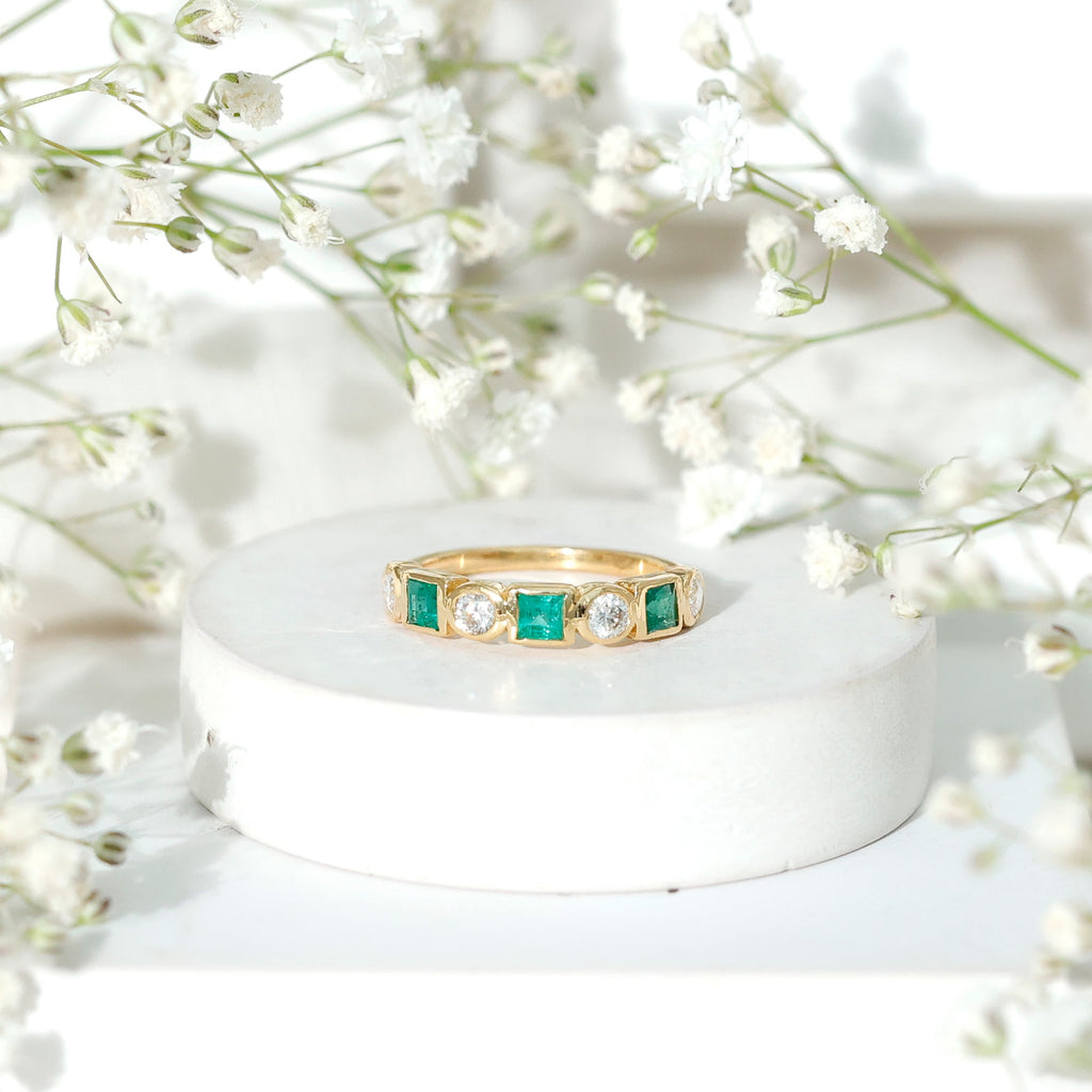 Real Emerald and Diamond Half Eternity Wedding Band in Bezel Set