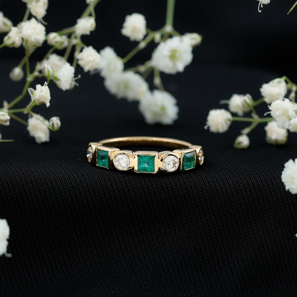 Real Emerald and Diamond Half Eternity Wedding Band in Bezel Set