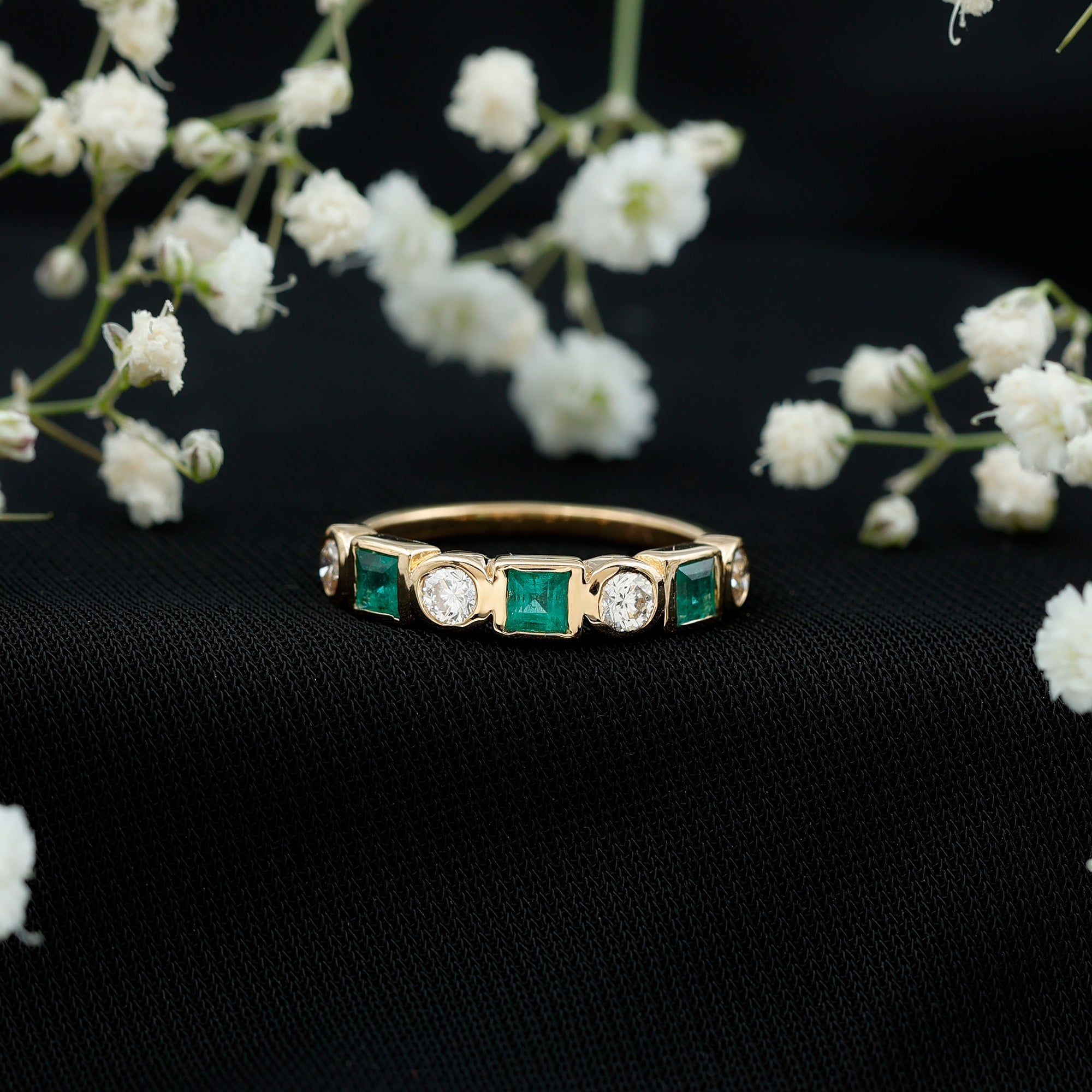 Real Emerald and Diamond Half Eternity Wedding Band in Bezel Set