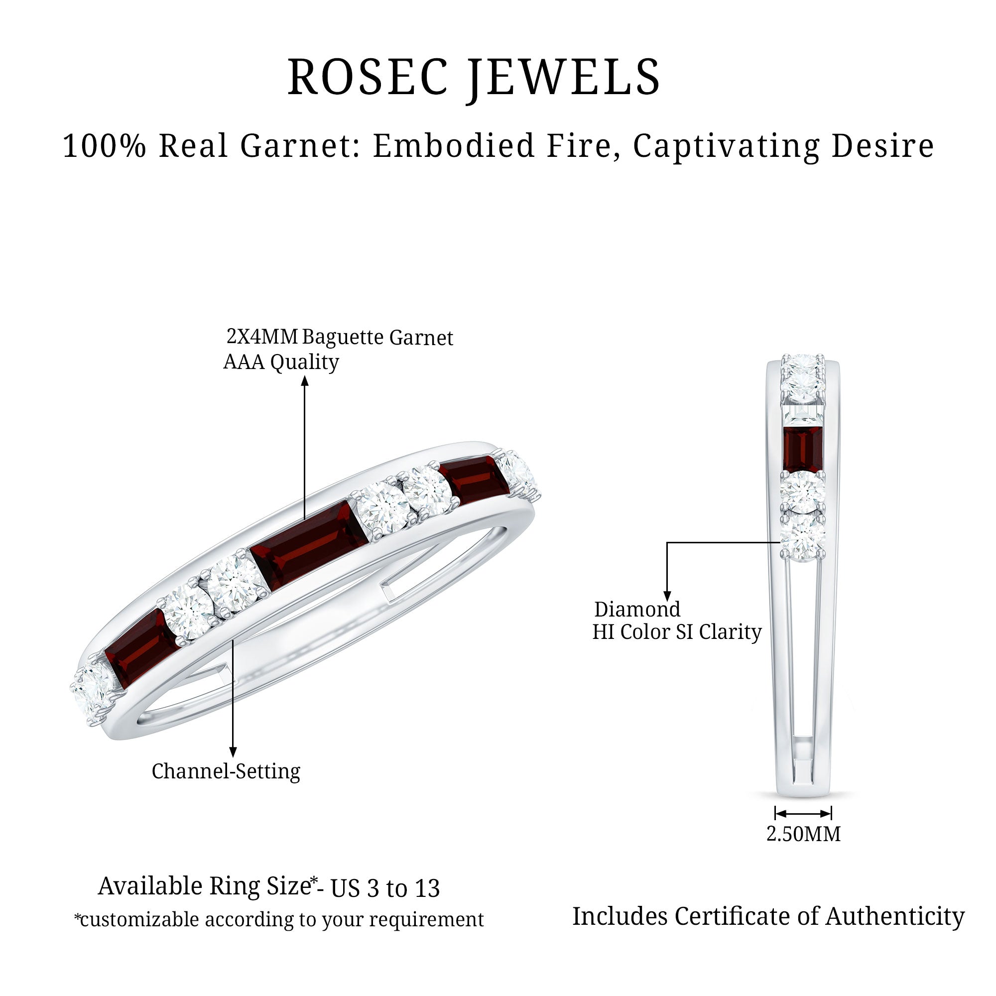 Genuine Baguette Garnet Half Eternity Band with Diamond
