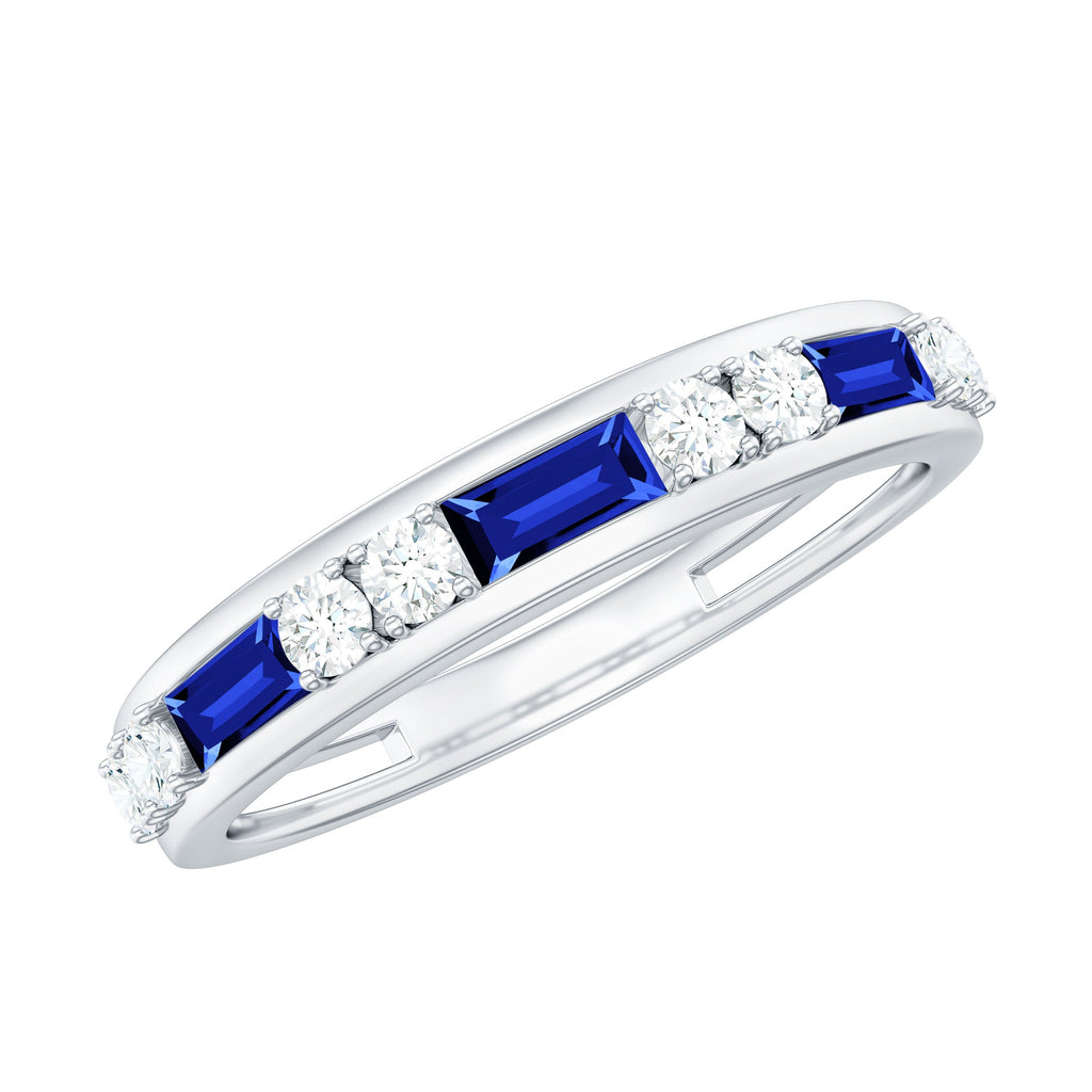 Certified Lab Grown Blue Sapphire Baguette Half Eternity Band with Diamond