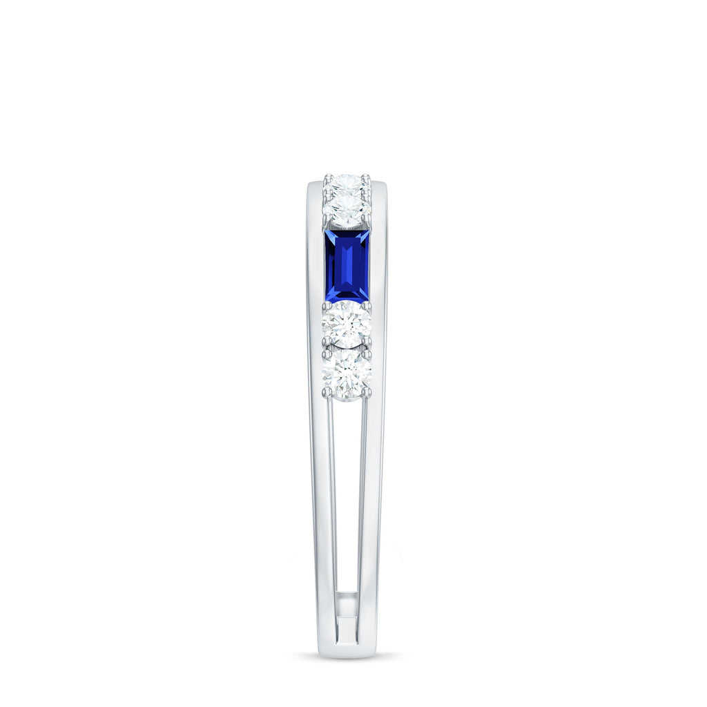 Certified Lab Grown Blue Sapphire Baguette Half Eternity Band with Diamond