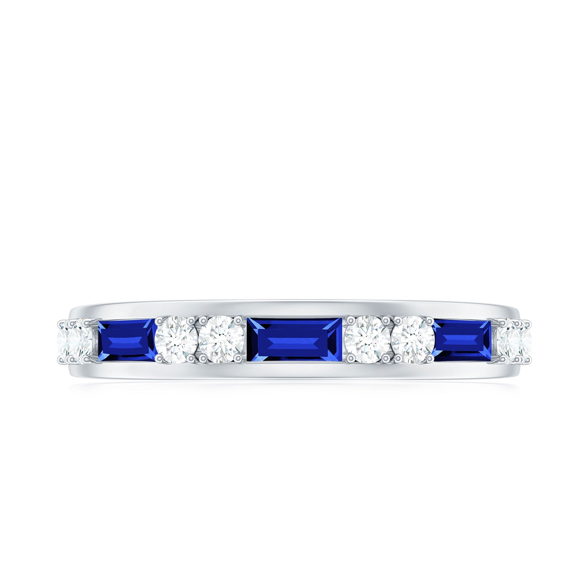 Certified Lab Grown Blue Sapphire Baguette Half Eternity Band with Diamond