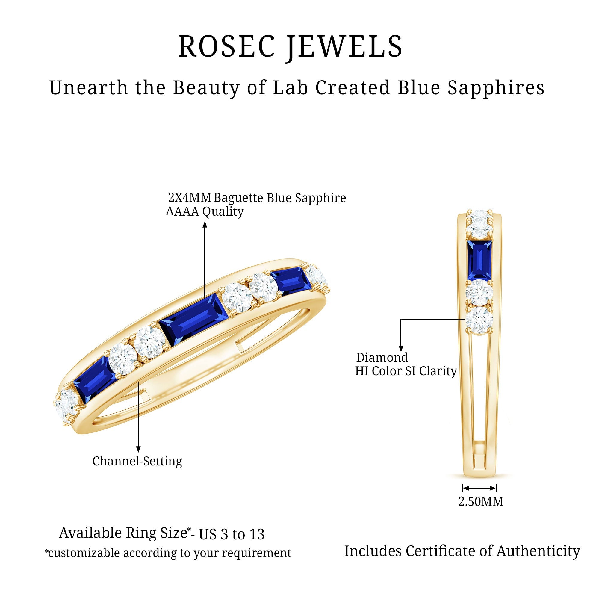 Certified Lab Grown Blue Sapphire Baguette Half Eternity Band with Diamond
