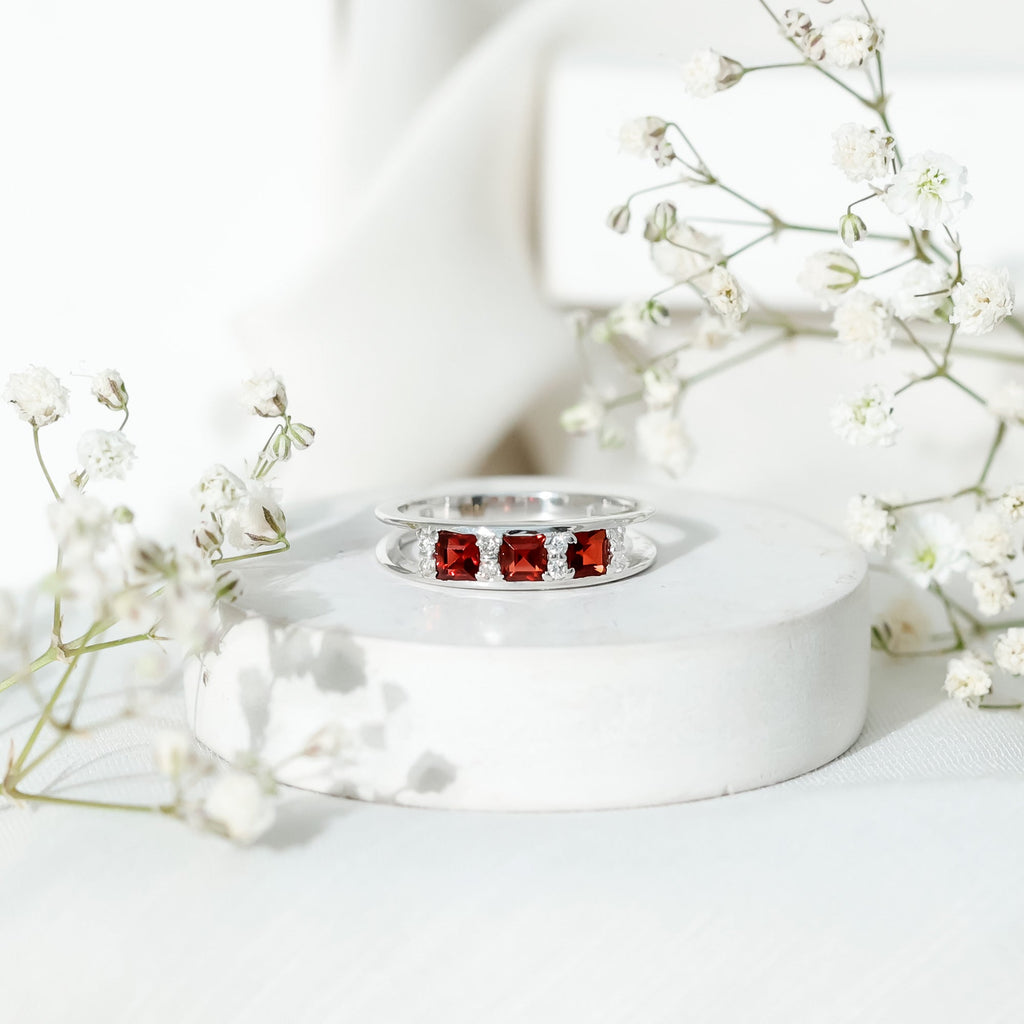 Natural Princess Cut Garnet Diamond Wedding Band