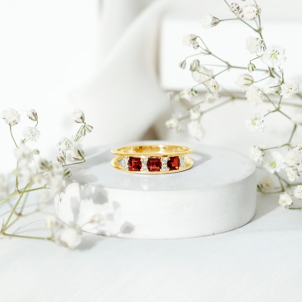 Natural Princess Cut Garnet Diamond Wedding Band