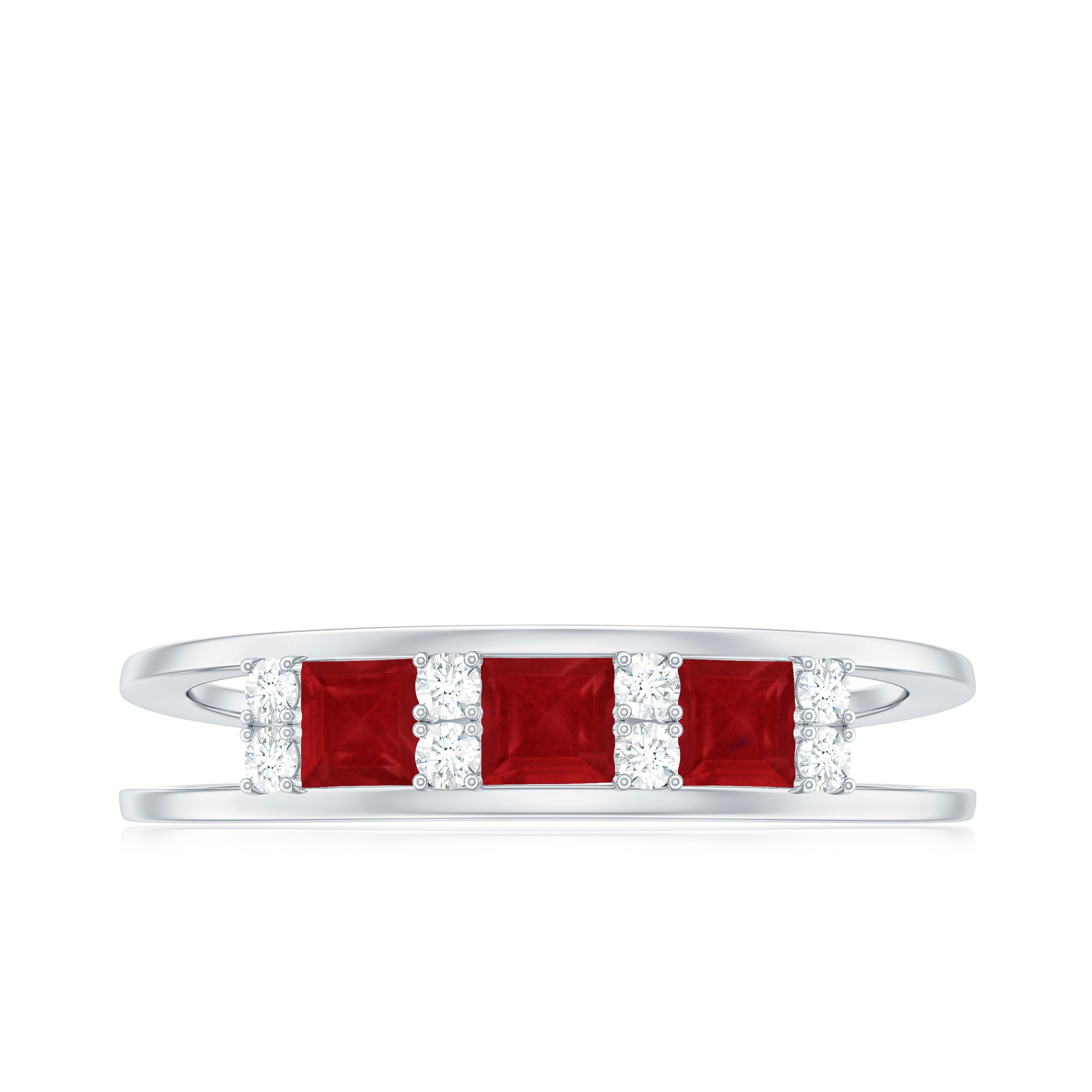 Natural Princess cut Ruby Double Band Ring with Diamond