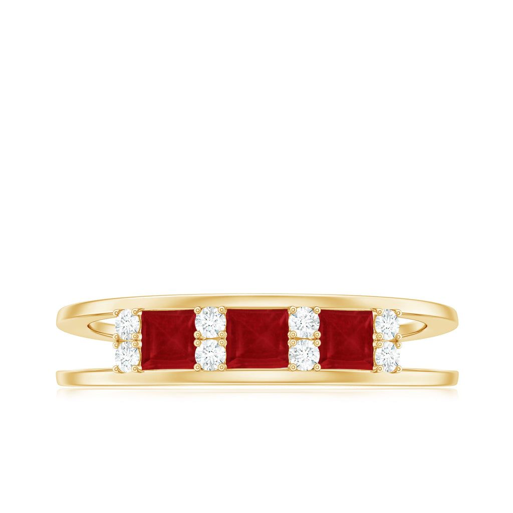 Natural Princess cut Ruby Double Band Ring with Diamond
