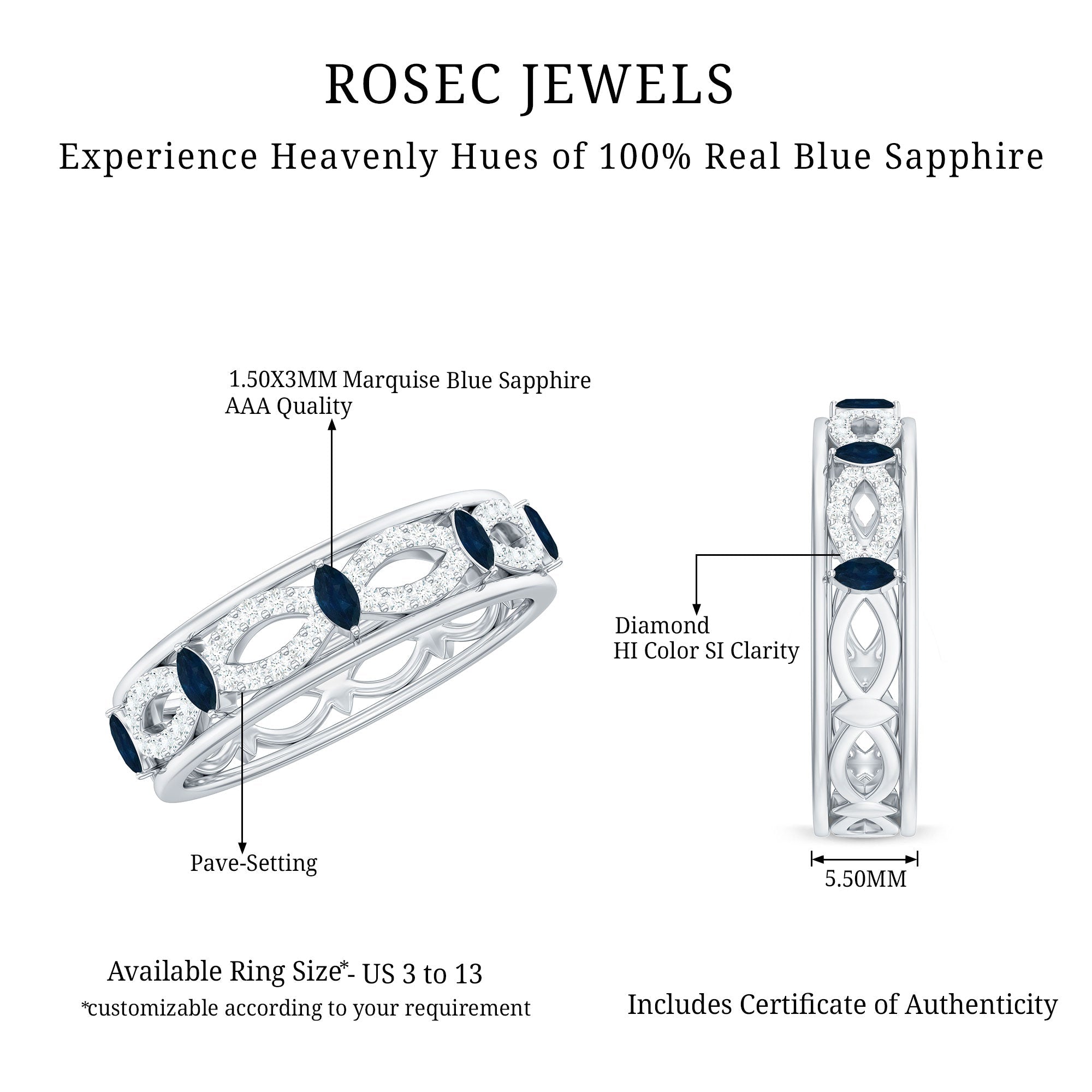 Natural Blue Sapphire Infinity Wedding Band with Diamond