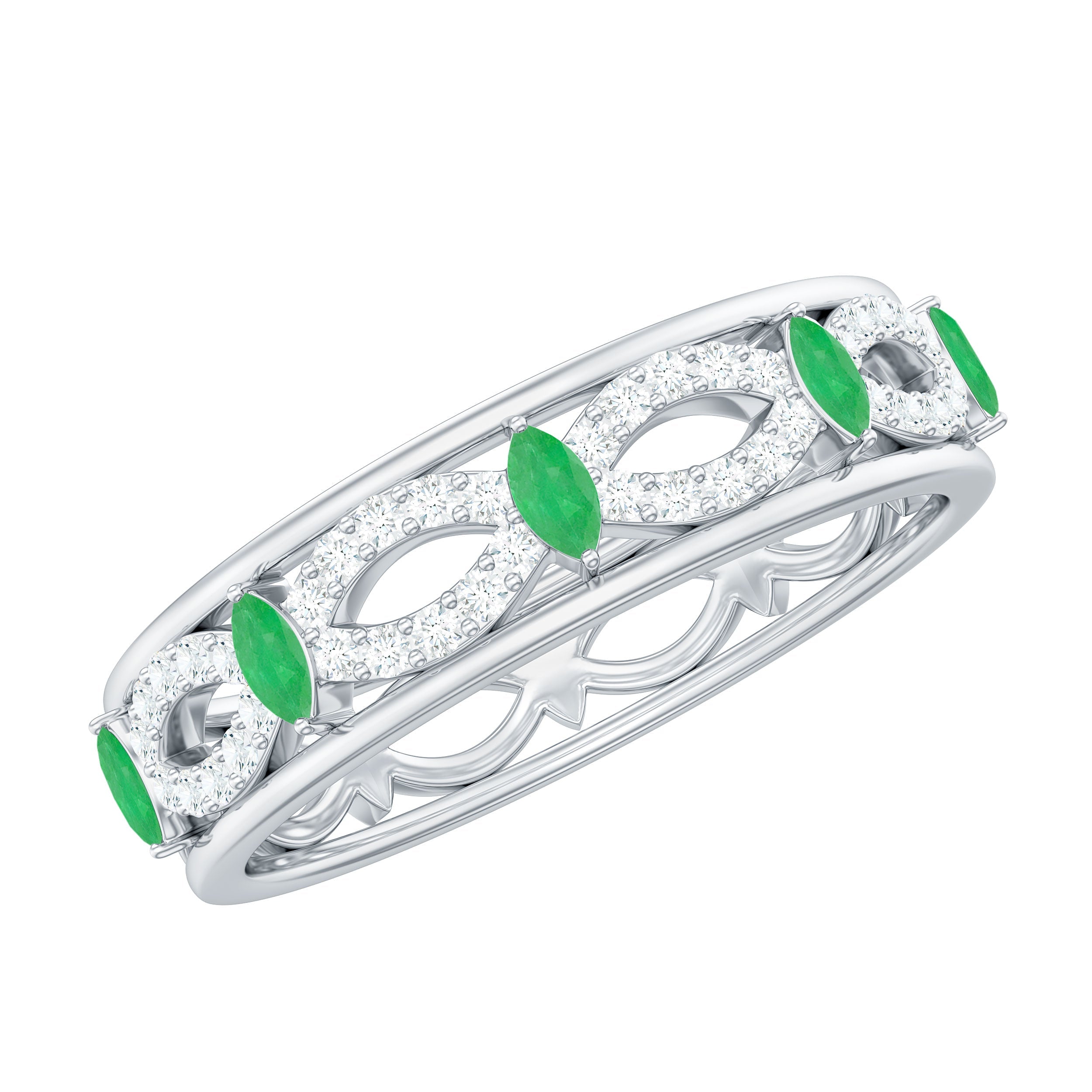 Genuine Emerald Diamond Eternity Wedding Band with Infinity Shank